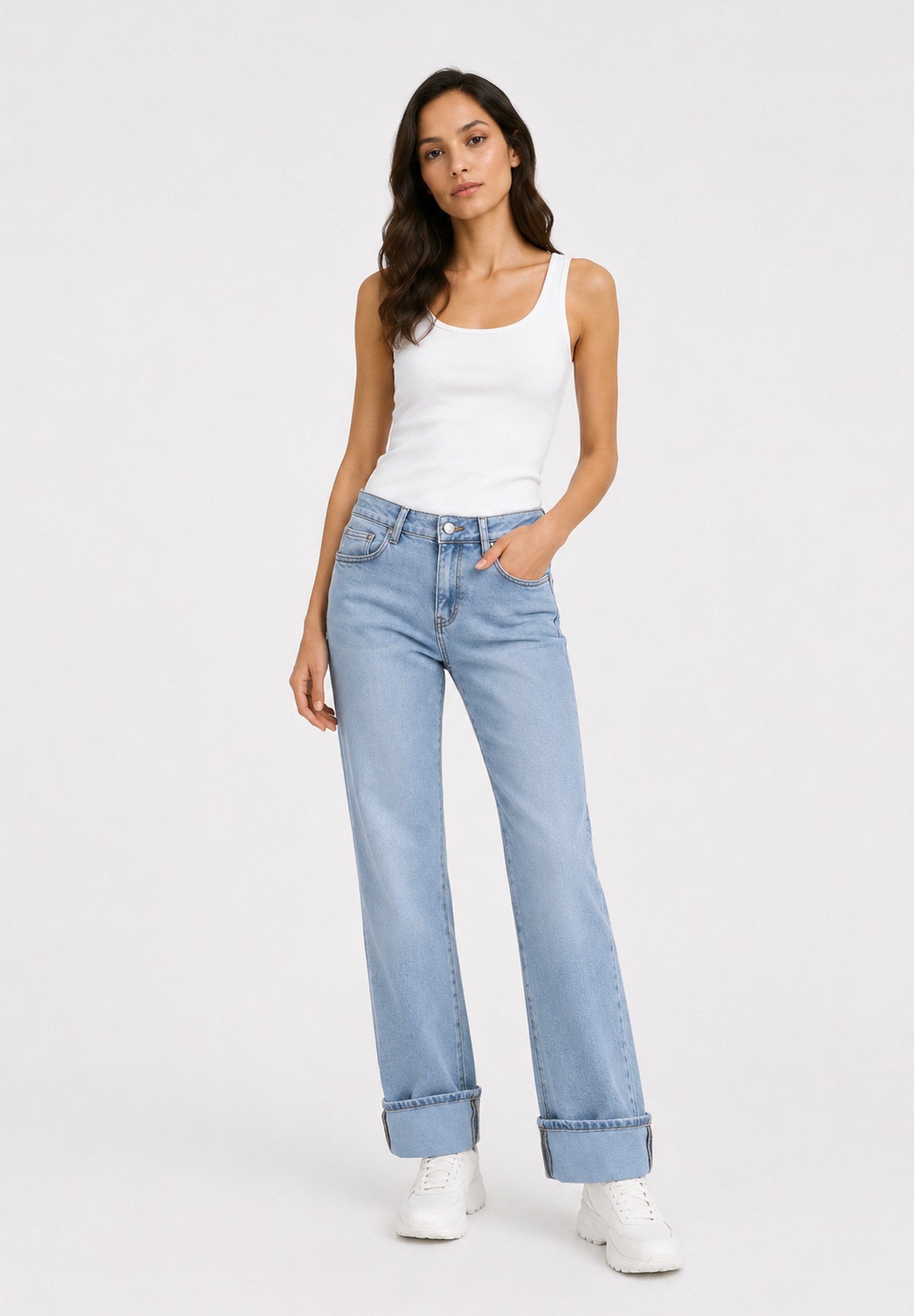 GIRL VIVI Slim-fit-Jeans Damen Straight Leg Jeans mit breitem Umschlag und High-Waist-Schnitt