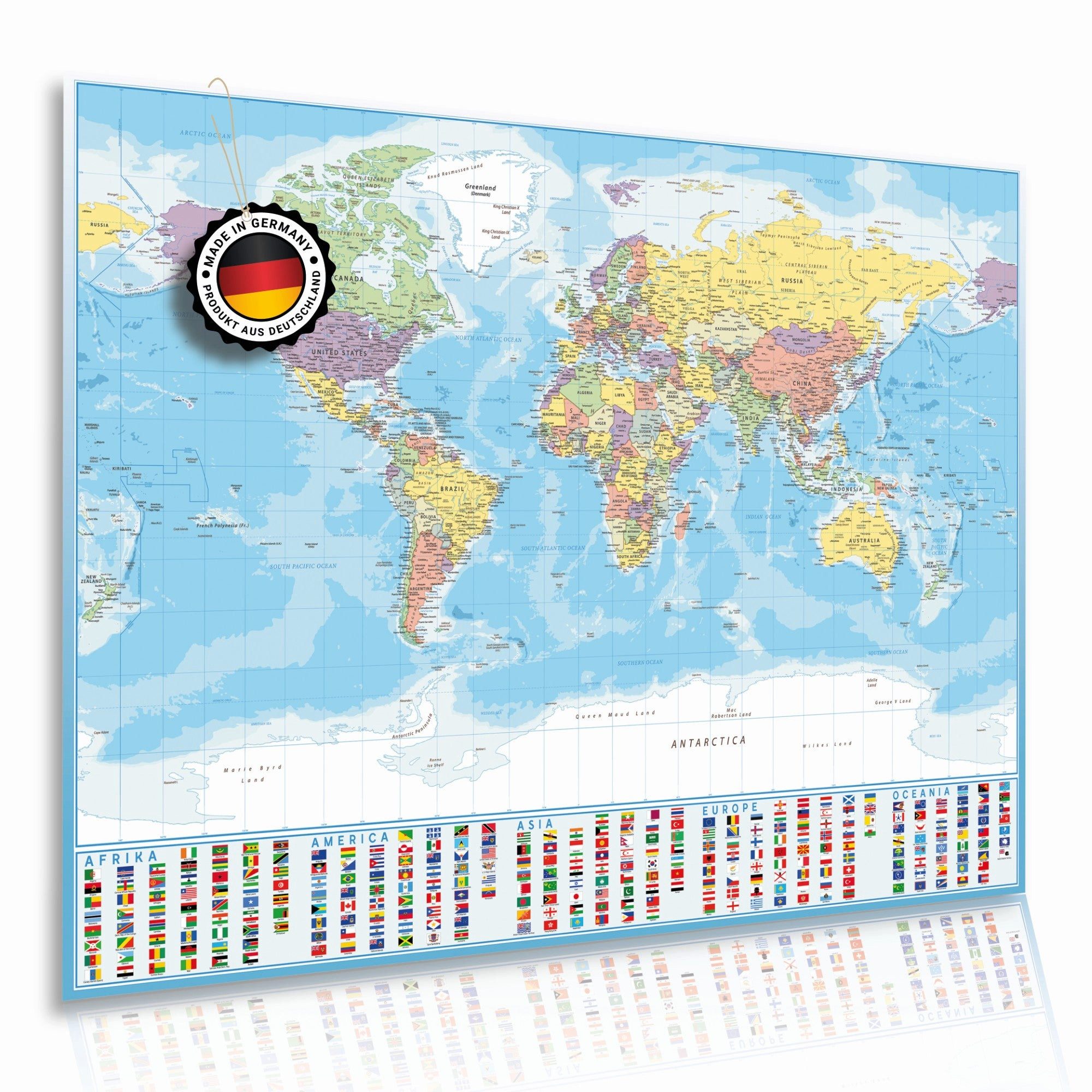 Lineo Poster Weltkarte Poster XXL 120x84 cm, World Map (Einzelartikel, 1 St), Politische Weltkarte mit Länderflaggen und Ösen