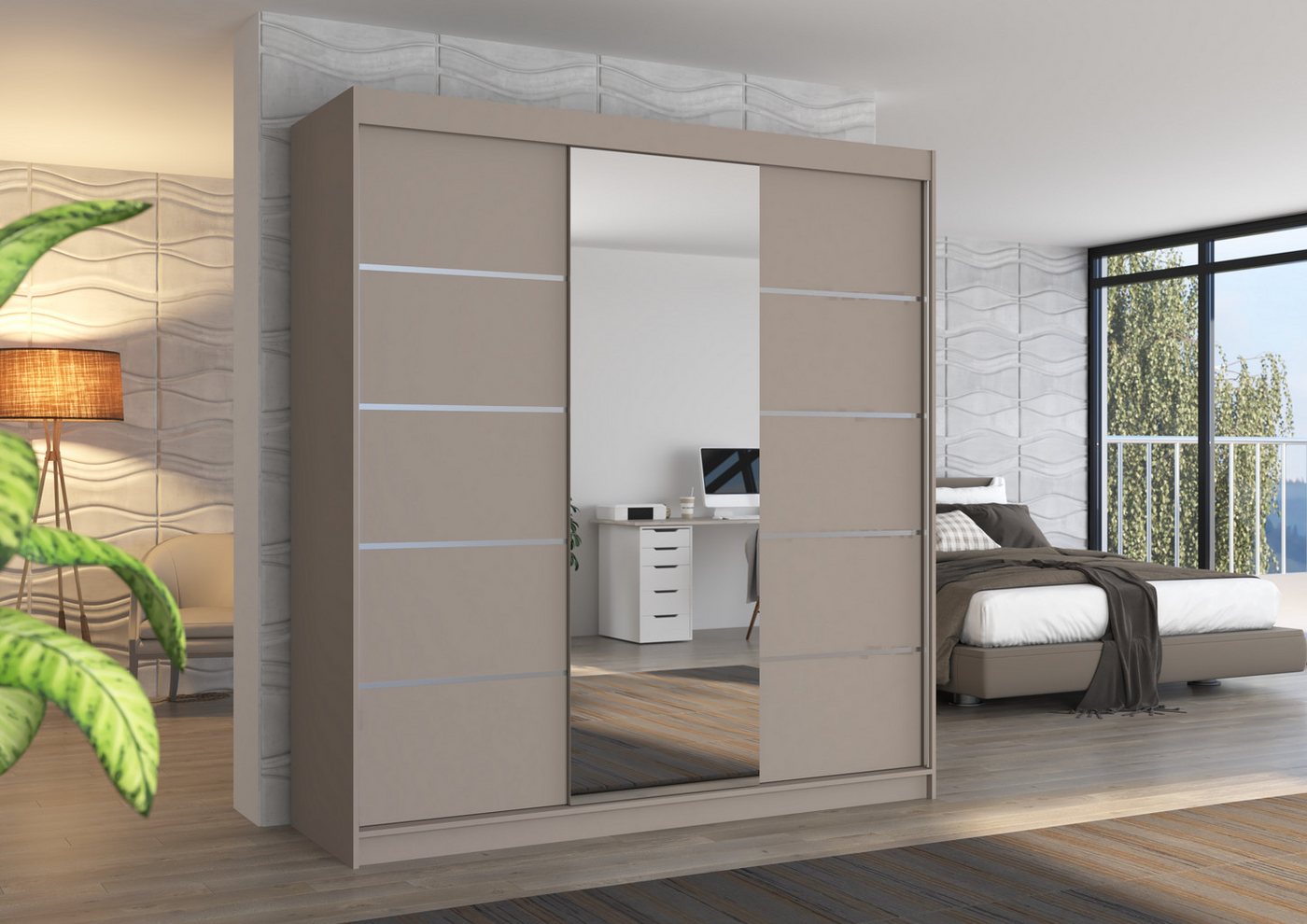 MOEBLO Schiebetürenschrank Noreva 200 (mit Spiegeltüren – Moderner Kleiderschrank für stilvolle Ordnung, Schwebetürenschrank 2-türig Schrank Garderobe Schiebtüren Schlafzimmer) (BxHxT): 200 x 215 x 58 cm