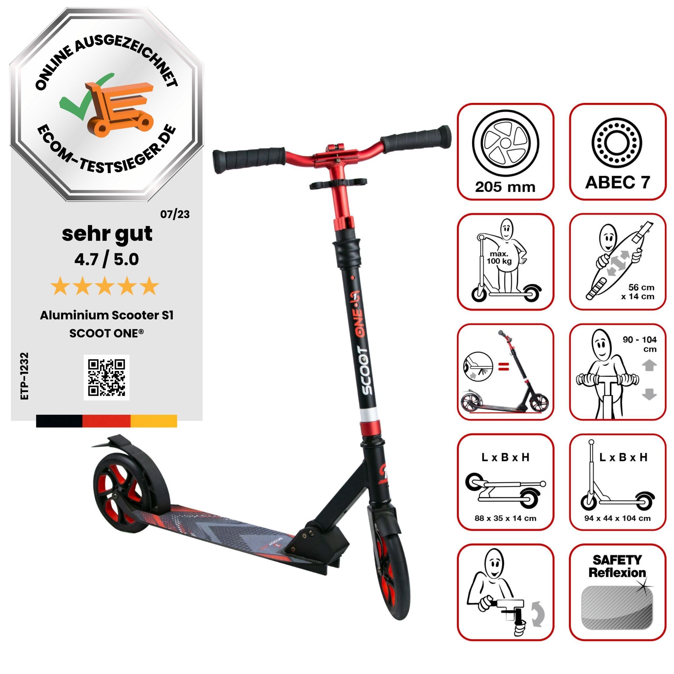 Scoot One Cityroller Höhenverstellbarer Tretroller S1, Kickroller 205mm – Aluminium Roller, klappbar