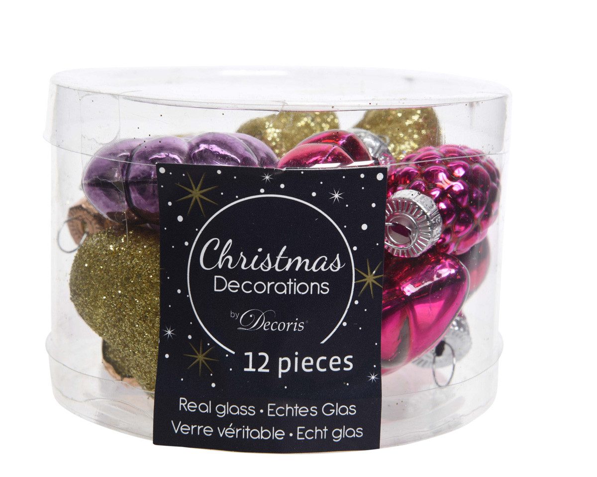 Kaemingk Christbaumschmuck, Christbaumschmuck Figuren Mix Glas 4cm 12er Set - Lila / Fuchsia /Gold