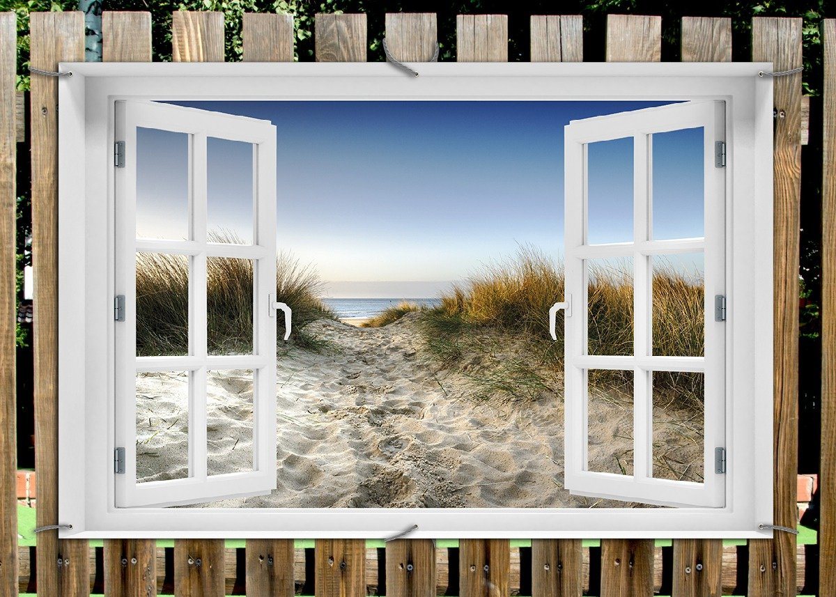 Thumbnail - Wallario Sichtschutzzaunmatten Weg durch die Dünen zum Strand am Meer, mit Fenster-Illusion