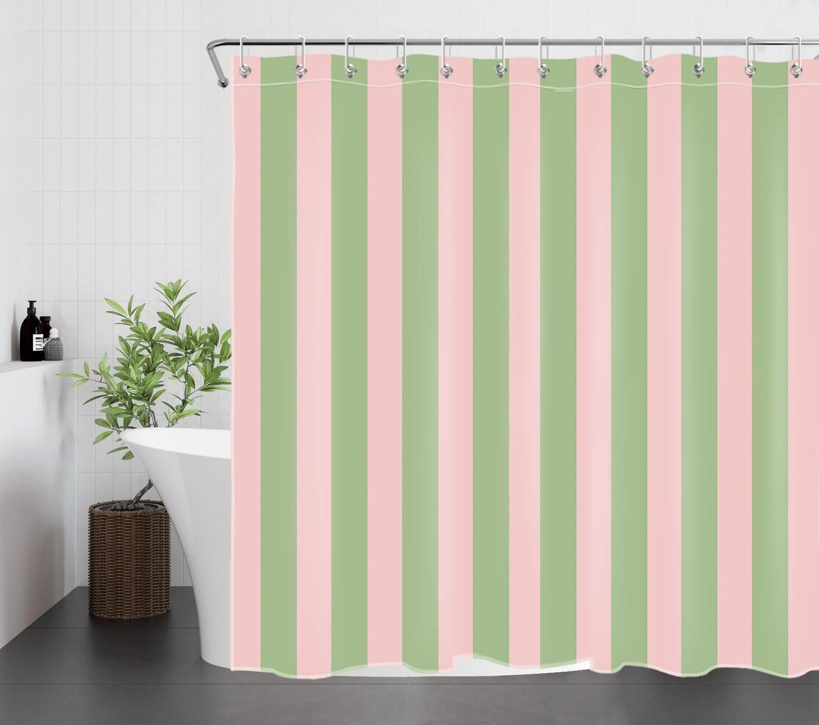 FOUORTUNATE-BEE Duschvorhang Grün und Rosa gestreift Duschvorhang Antischimmel Wasserdicht Breite 180 cm (Badezimmer Vorhänge Moderne Kunst Polyester Stoff, Bad Vorhang mit Haken)