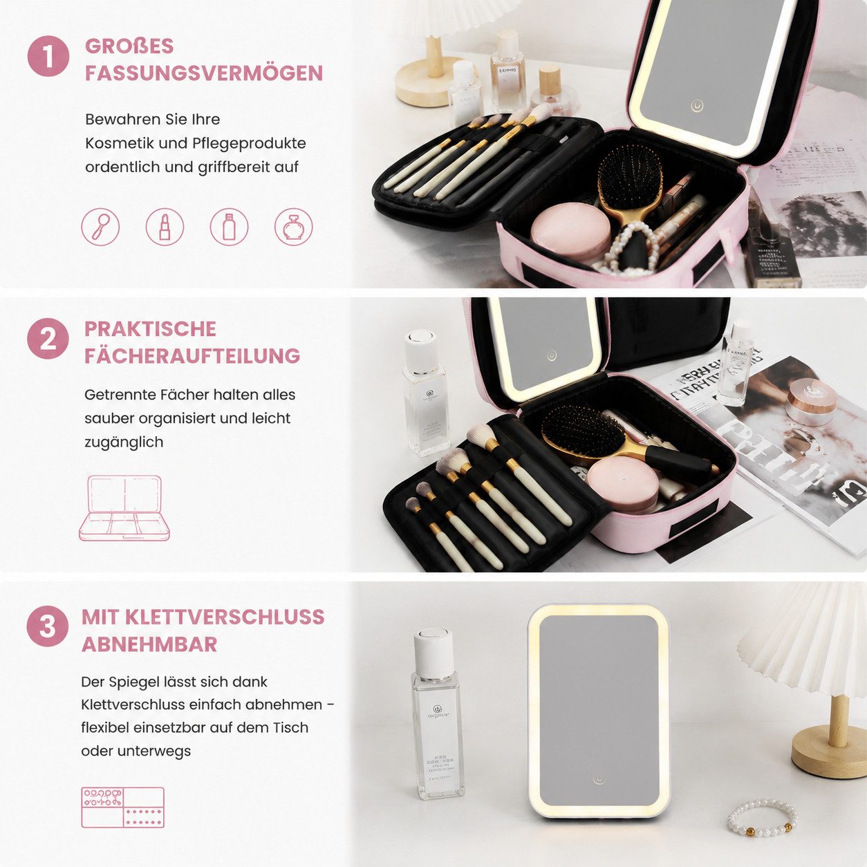 Fyrove Kosmetiktasche Schminktasche mit LED-Spiegel, Beauty Organizer für Damen (mit 3 Lichtmodi, Touch-Funktion, Innenfächern und Tragegriff), 600-mAh-Akku, 3, – Bild 4 von 5