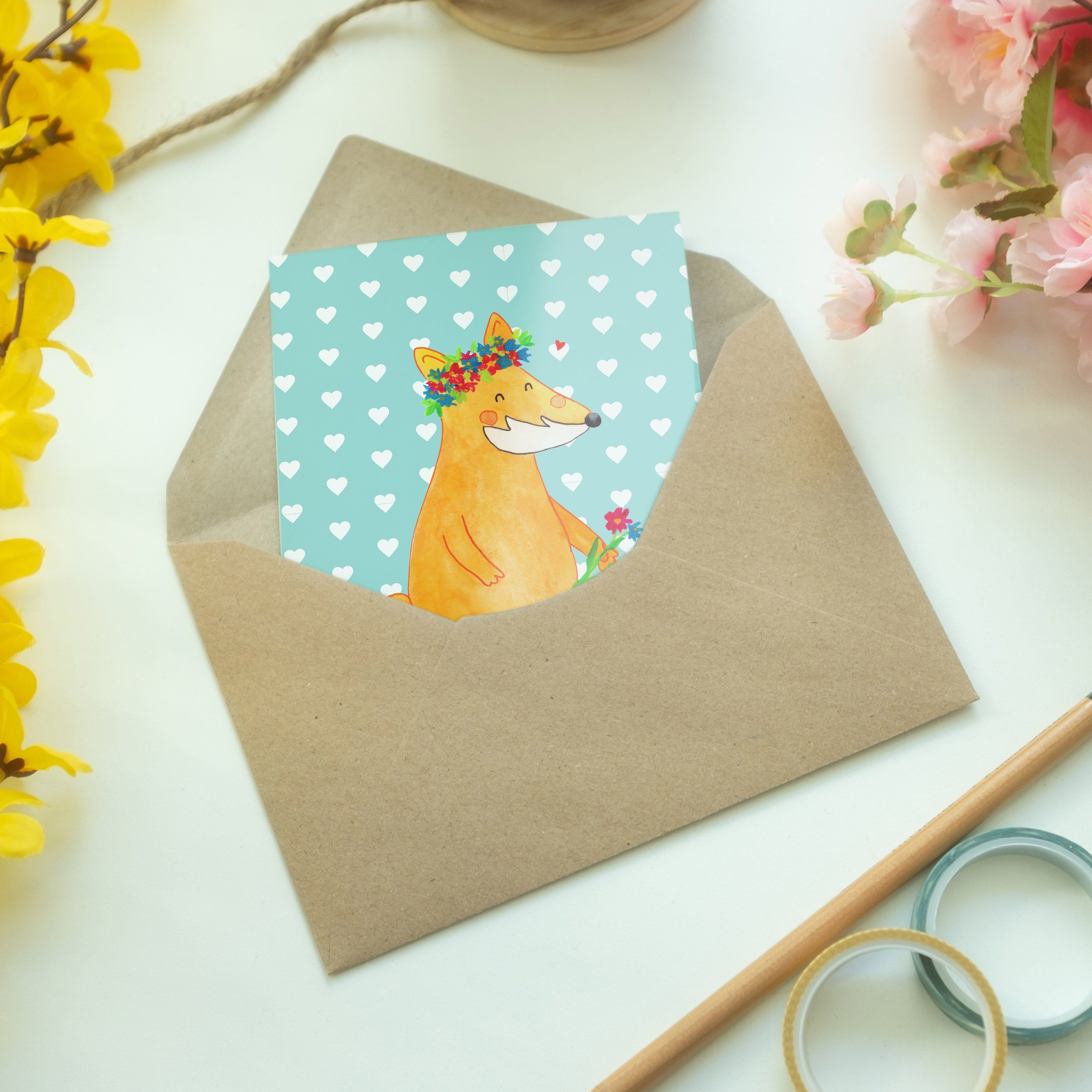 Mr. & Mrs. Panda - Grußkarte Geschenk, - Pastell Fuchs Blumen Hochzeitskarte, Blumenliebe Türkis