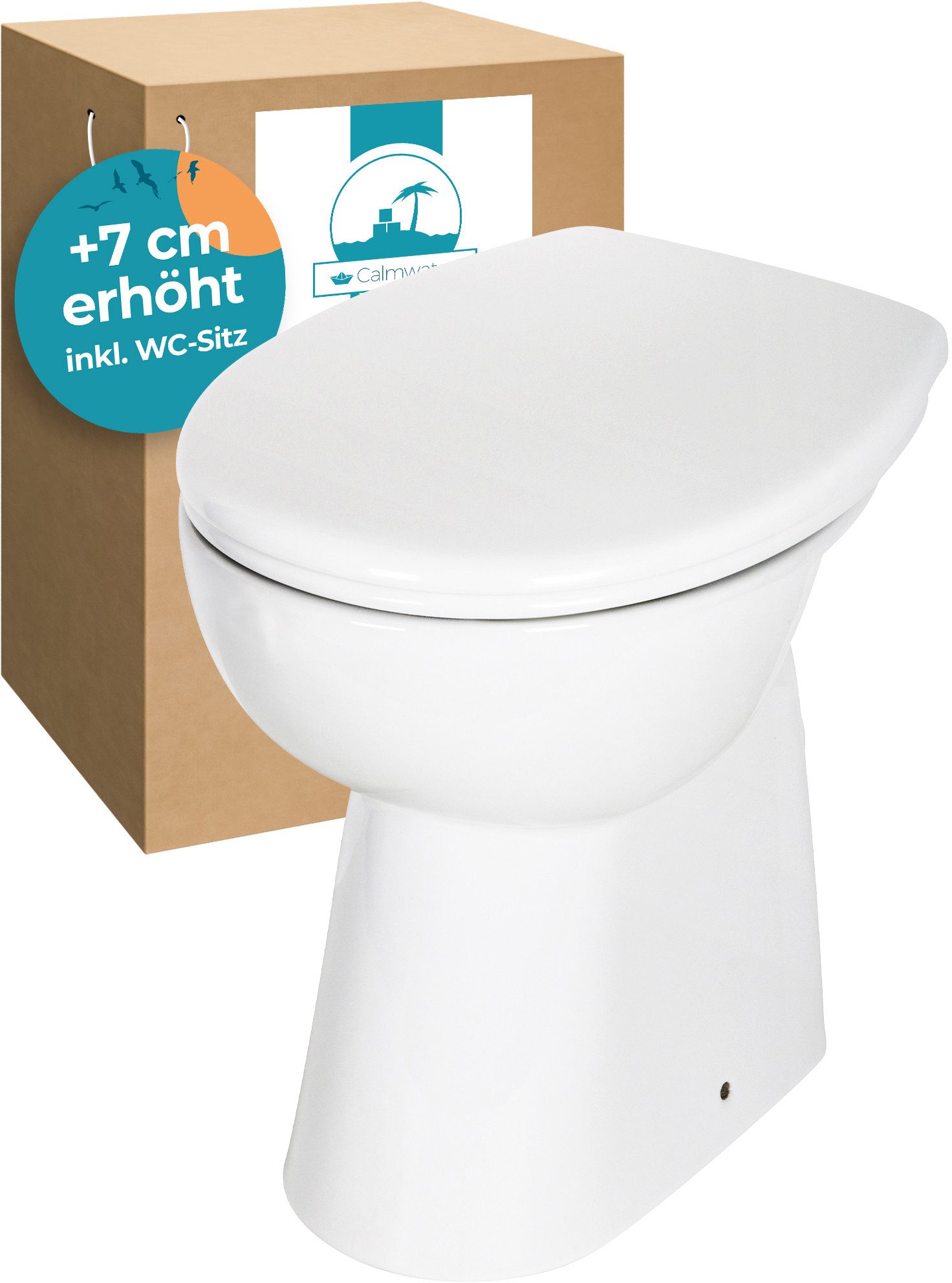 Calmwaters Tiefspül-WC Stand-WC spülrandlos mit Erhöhung, bodenstehend, Standmontage, Abgang Waagerecht, Set mit WC-Sitz, Weiß, +7 cm erhöht, Absenkautomatik, Abnehmbar, 07AB3134