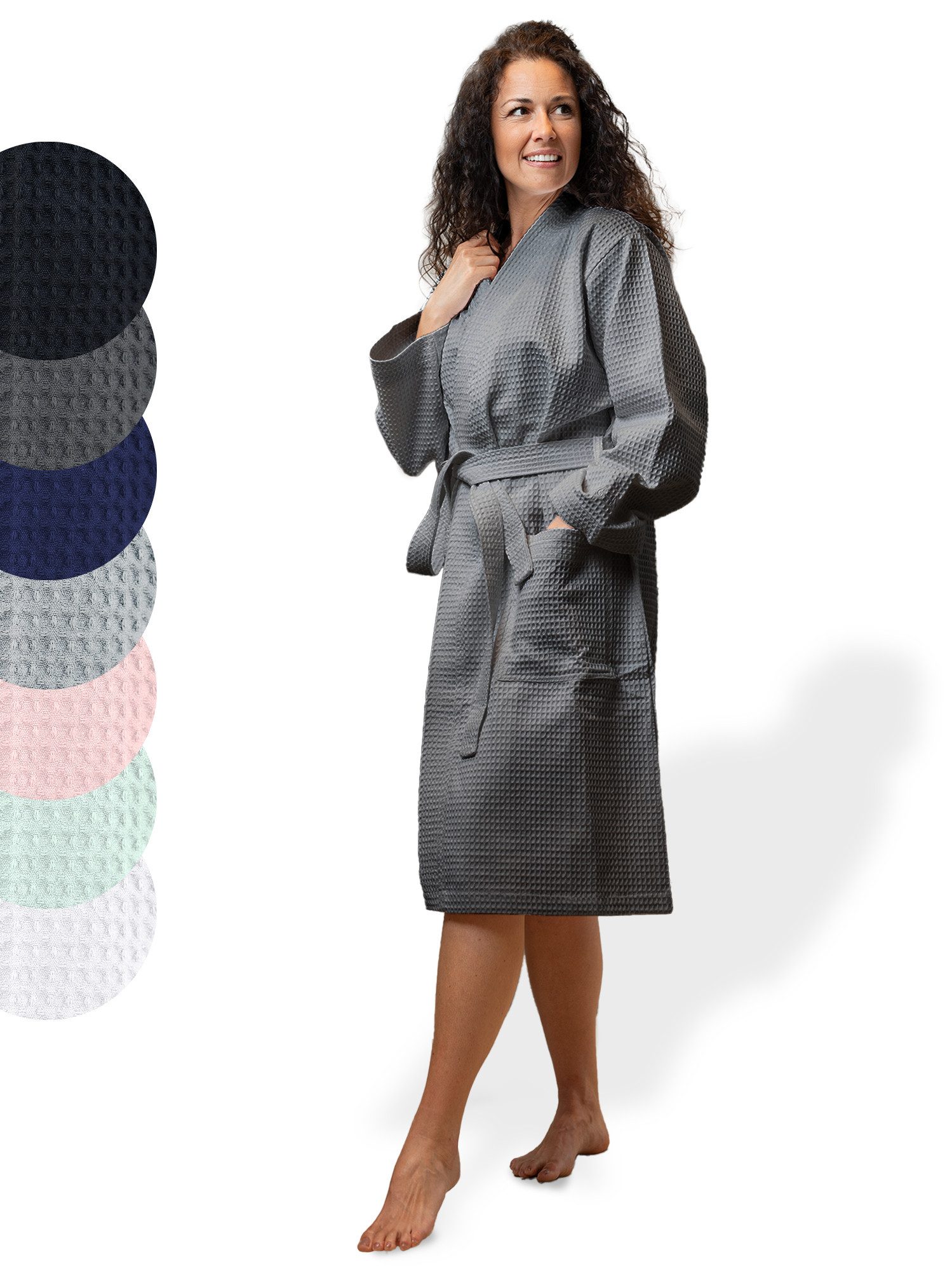SIEGENTHAL Morgenmantel SIEGENTHAL® Damen Bademantel Waffelpique 100% Baumwolle Schalkragen, Schalkragen, elegante Gürtel, saugfähige Baumwolle, pflegeleicht und langlebig, praktische Taschen