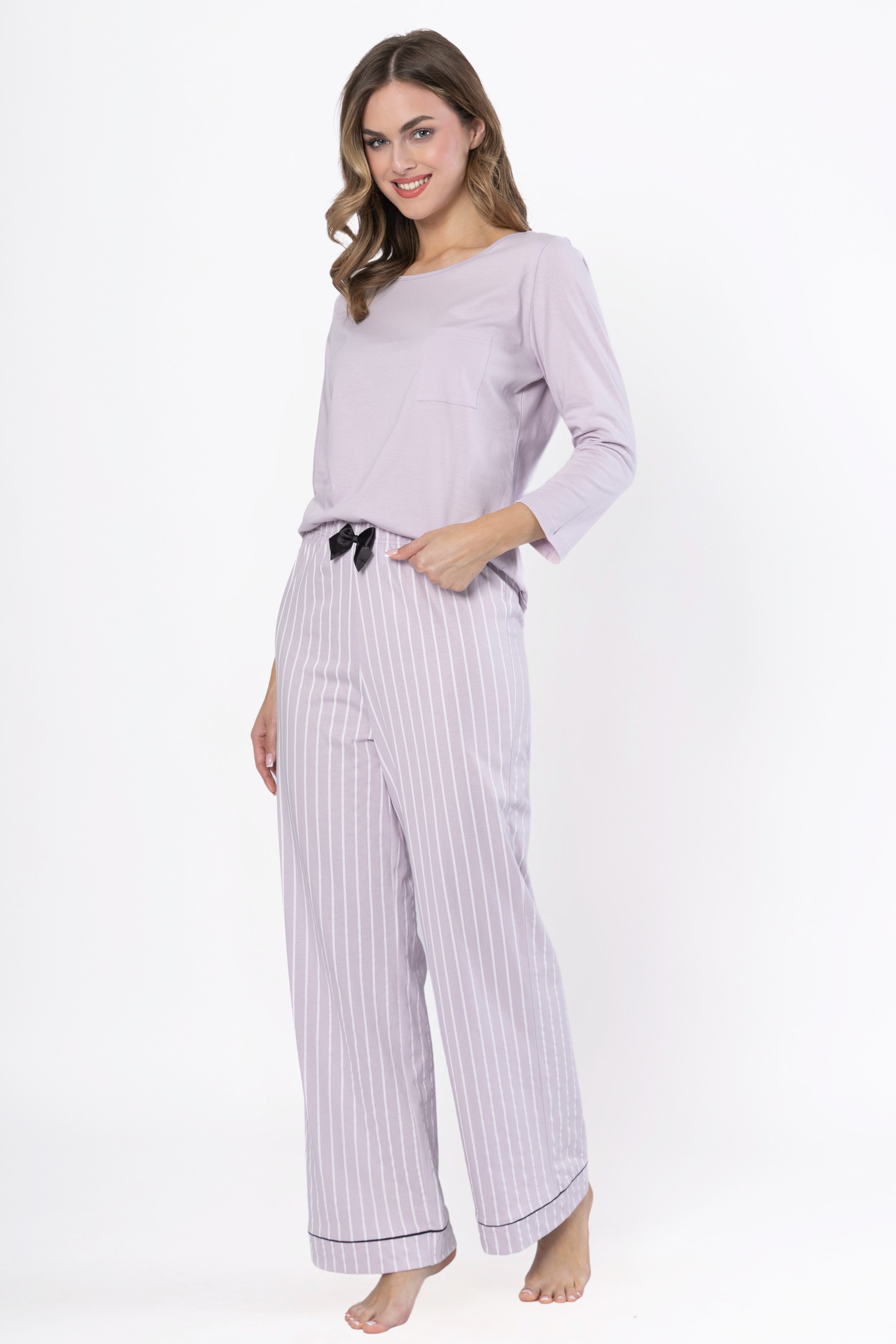 COOLISMO NIGHTWEAR Pyjama klassischen Damen Schlafanzug-Set, 3/4-Arm-Shirt & lange Hose (2 tlg) mit Streifen-Design