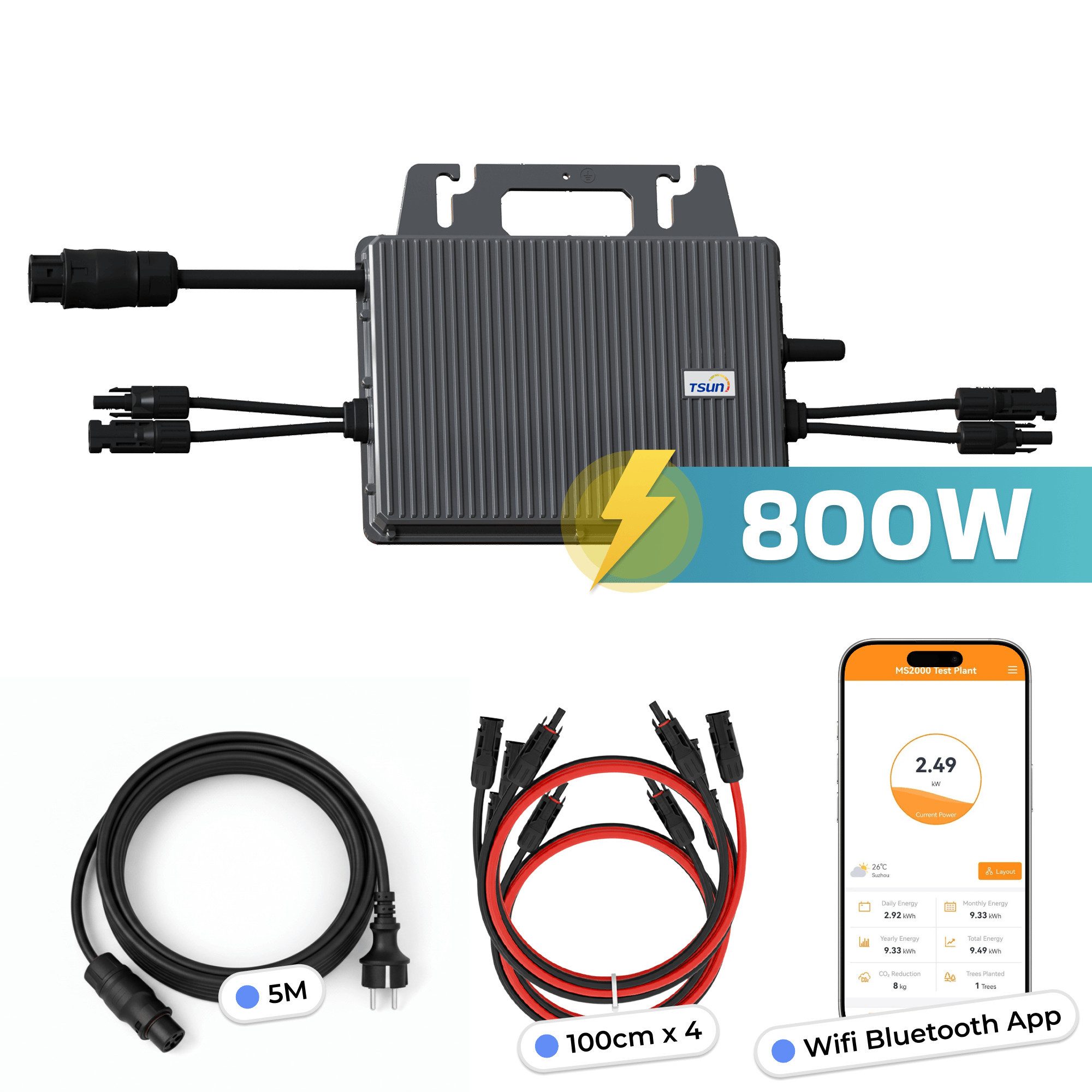 SUNNIVA Wechselrichter TSUN TSOL-MS800 Mikro-Wechselrichter 800 W für Balkonkraftwerk, (2× MPPT, WLAN & App, IP67 wetterfest, Plug-&-Play Installation, inkl. 5 m Anschlusskabel + 4× 1 m Solar-Verlängerungen)
