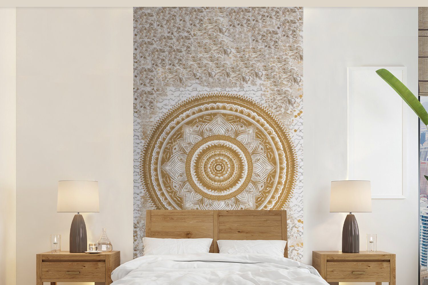 Mandala Blumen MuchoWow Schlafzimmer Matt, Fototapete - (2 Küche, für - - Vliestapete Wohnzimmer Fototapete St), Design, Weiß Gold - bedruckt,