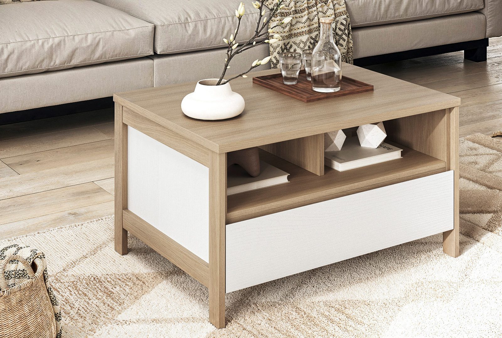 Furn.Design Couchtisch Finnes (Wohnzimmer Tisch in Eiche natur mit Eiche weiß, mit Schubkasten und Ablagen, 80 x 60 cm), Soft-Close-Funktion