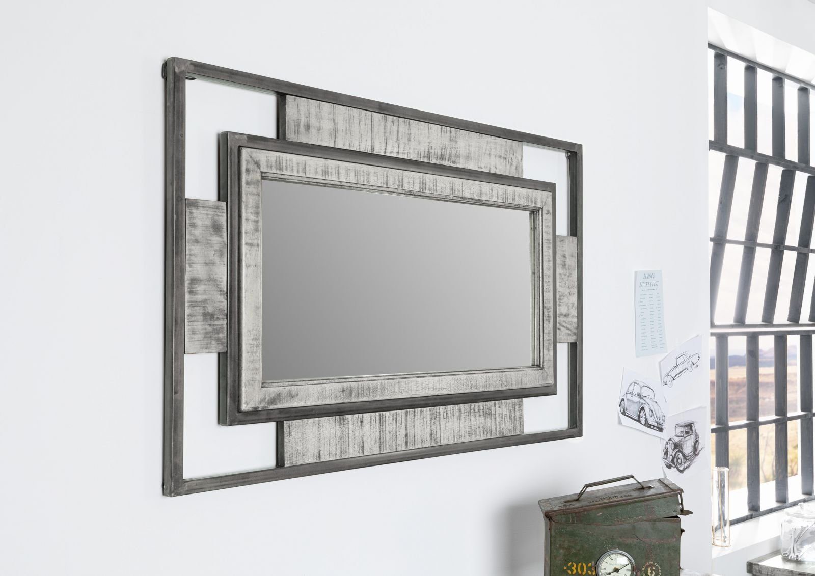 montiert) im 76x4x122 grau HEAVY INDUSTRY Industrial in lackiert Spiegel Stil (Schicker Massivmoebel24 Spiegel Mango