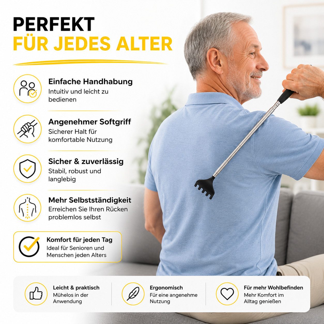 Everhomely® Massagegerät Rückenkratzer im 2er-Set, ausziehbar bis 75 cm, breite Kratzhand, 2er Set 2-tlg., 2-teilig – Bild 4 von 5