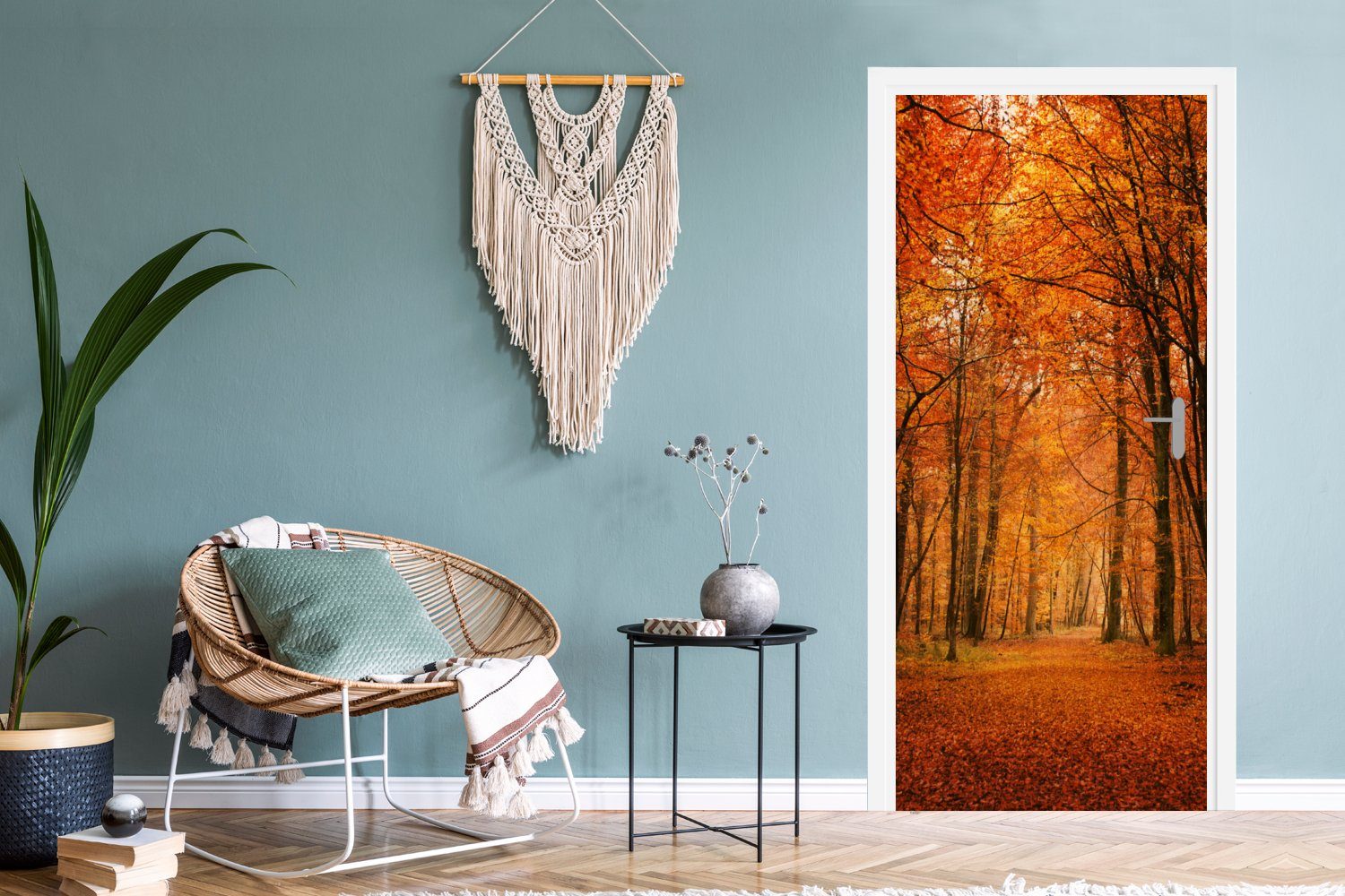 Tür, Türtapete Herbst für bedruckt, (1 St), Fototapete 75x205 - - cm MuchoWow Wald, Türaufkleber, Rot Matt,