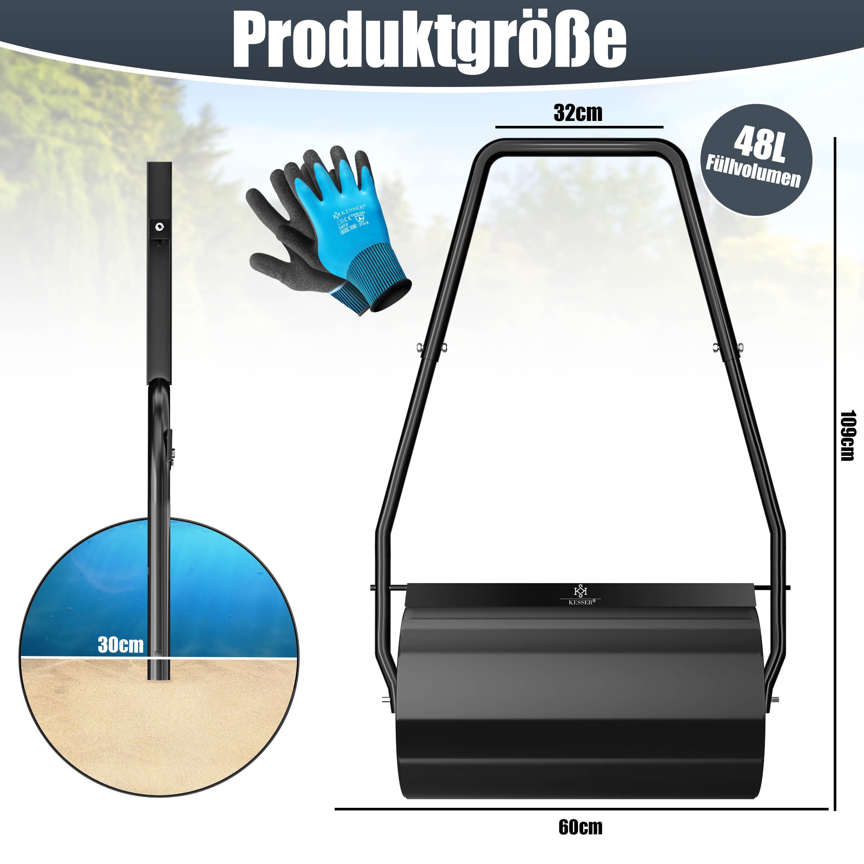 KESSER Rasenwalze Metall befüllbar mit Wasser oder Sand, Rasenroller inklusive Handschuhe,Gartenwalze mit 48 Liter Füllvolumen / 60 cm breit Handwalze