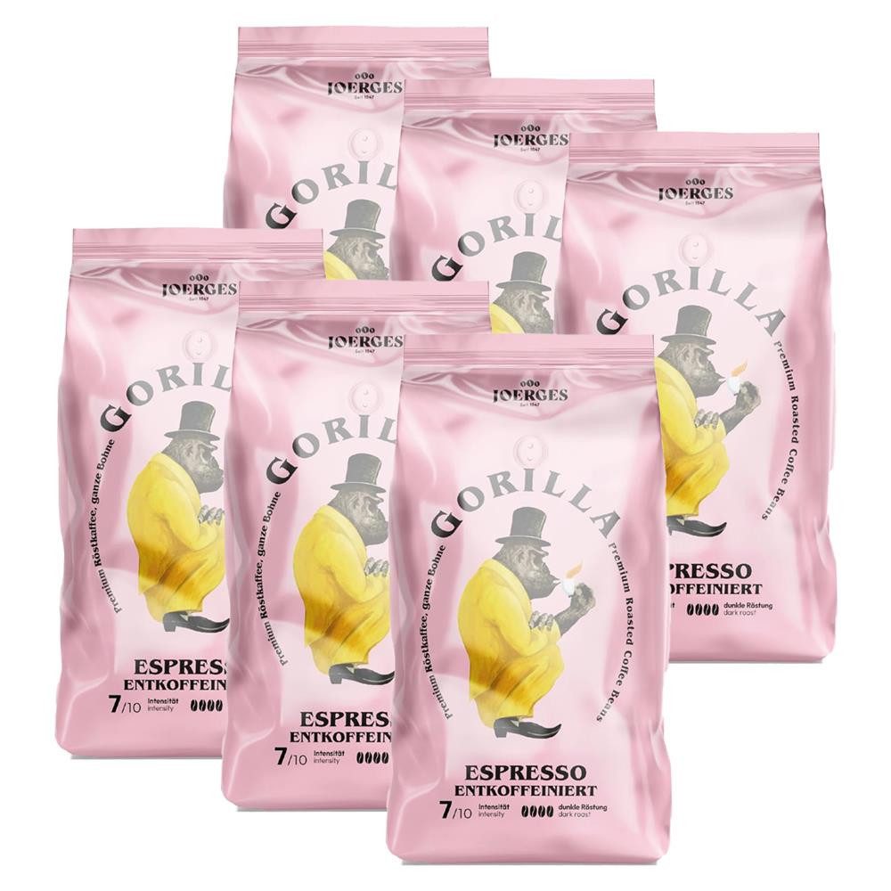 Gorilla Kaffee Joerges Espresso Entkoffeiniert 6x1kg Bohnen Kaffeebohnen, 6 x 1000 g