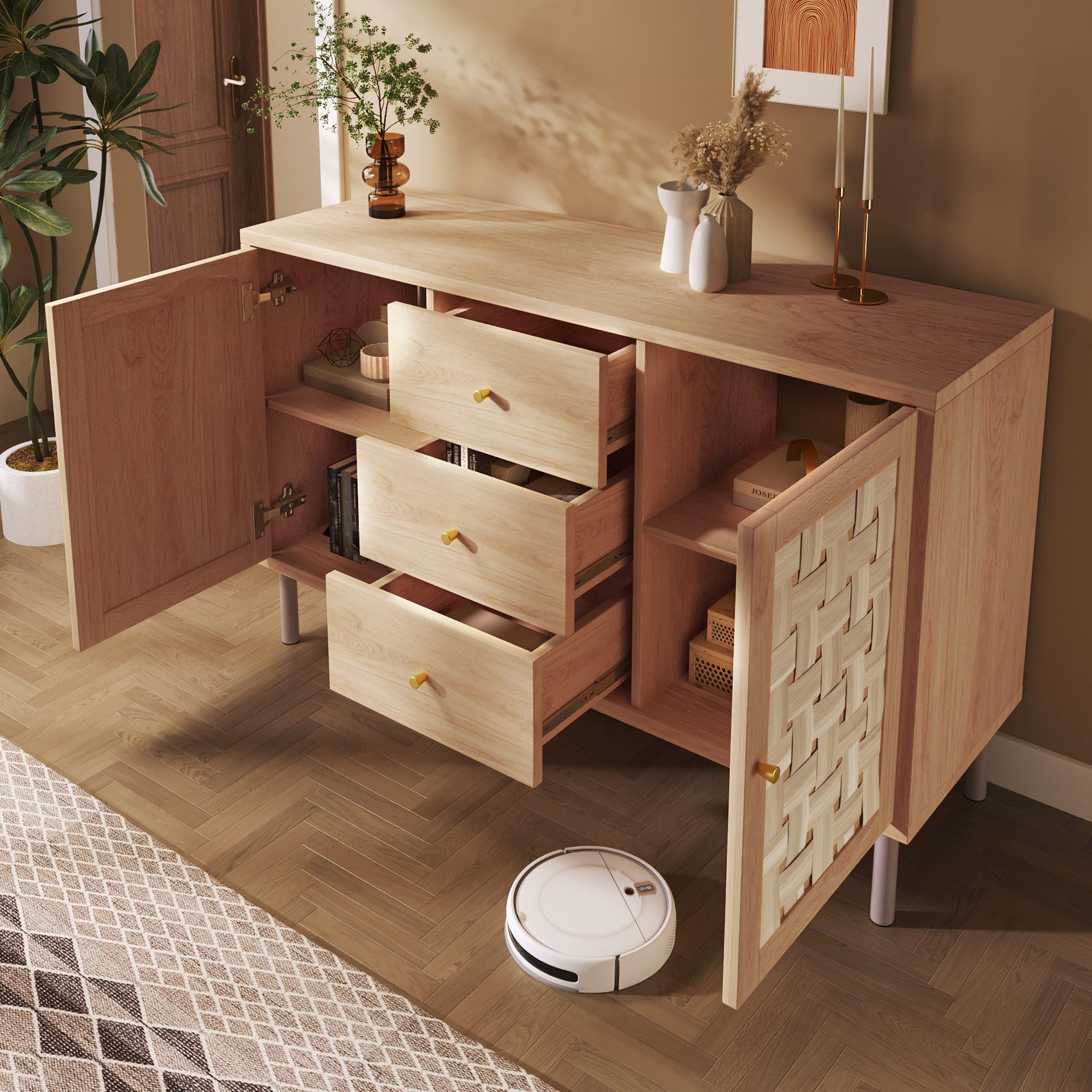 Flieks Kommode Sideboard mit 3 Schubladen und 2 gewebte Türen in Landhausstil (120x40x75 cm, 1 St., Schrank für Wohnzimmer, Flur, Esszimmer, Schlafzimmer), Mehrzweckschrank mit höhenverstellbare Einlegeböden Eicheholzfarbe