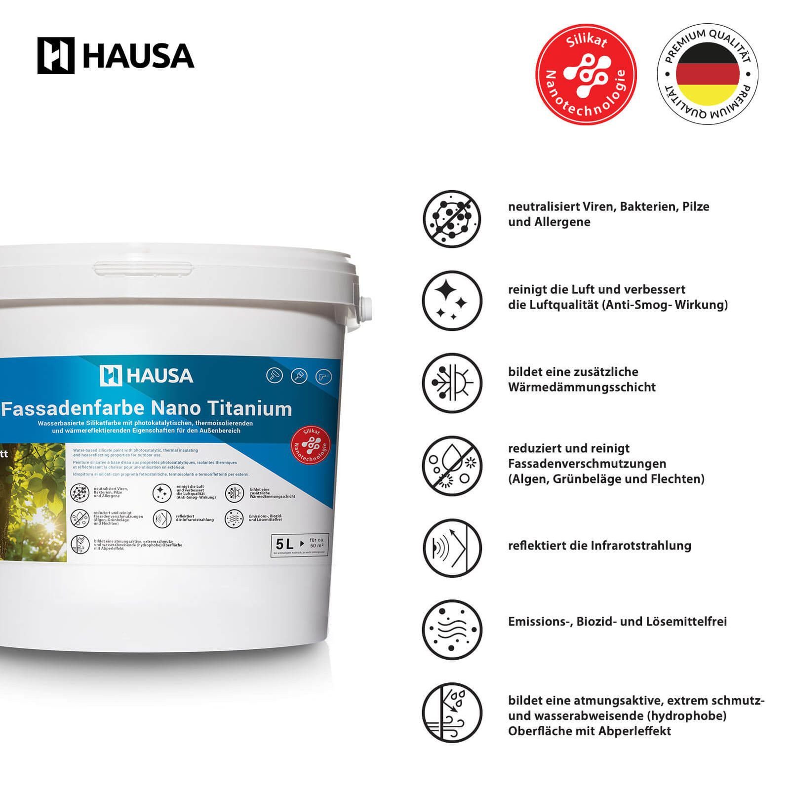 Hausa Fassadenfarbe Nano Titanium Außenfarbe, 10L für ca. 50 m² weiß Anti-Smog, thermoisolierend, Reinigt die Luft – Bild 4 von 5