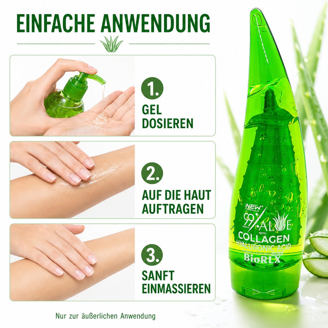BioRLX Feuchtigkeitsgel 99% Reines Aloe Vera Gel mit Kollagen & Hyaluronsäure 250 ml