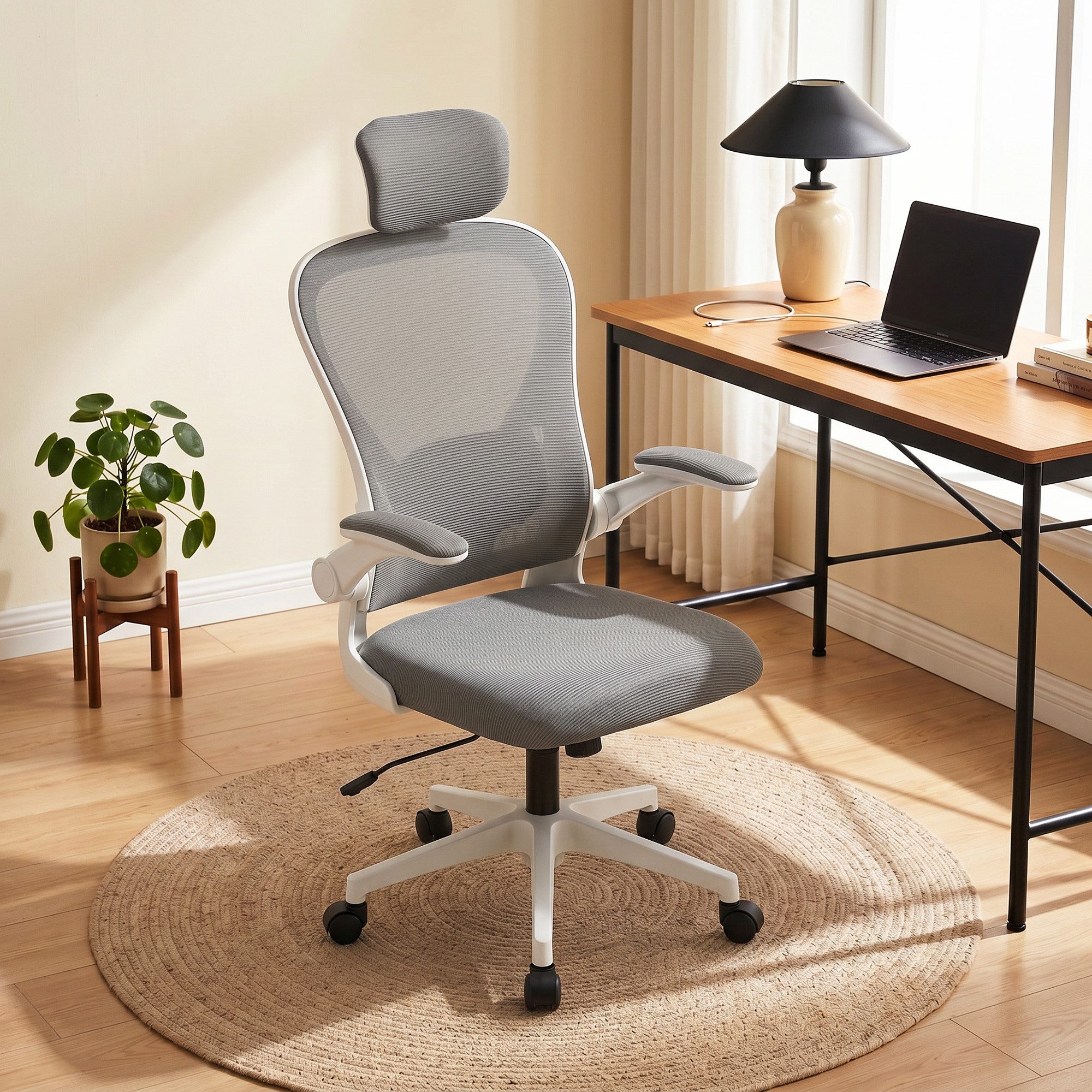 OKWISH Bistrostuhl Ergonomischer Drehstuhl Grau mit verstellbarer Lendenwirbelstütze (Bequemer Arbeitsplatzstuhl für lange Sitzzeiten im Alltag, 1 St), Schreibtischstuhl mit hochklappbaren Armlehnen für Homeoffice