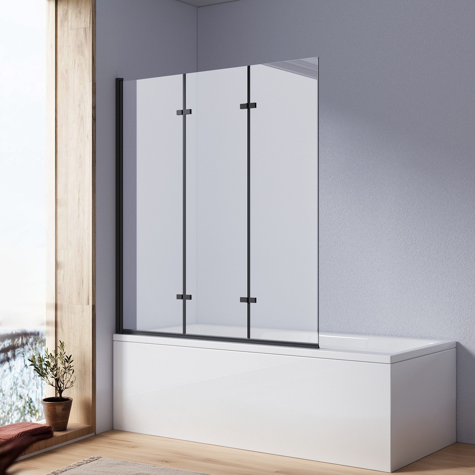MEYKOERS Badewannenaufsatz 3-teilig Faltbar Duschabtrennung Badewanne Faltwand Duschwand, Sicherheitsglas, (120 x 140 cm), Aluminiumprofil in mattem Schwarz, 6mm Sicherheitsglas, Wasserdicht