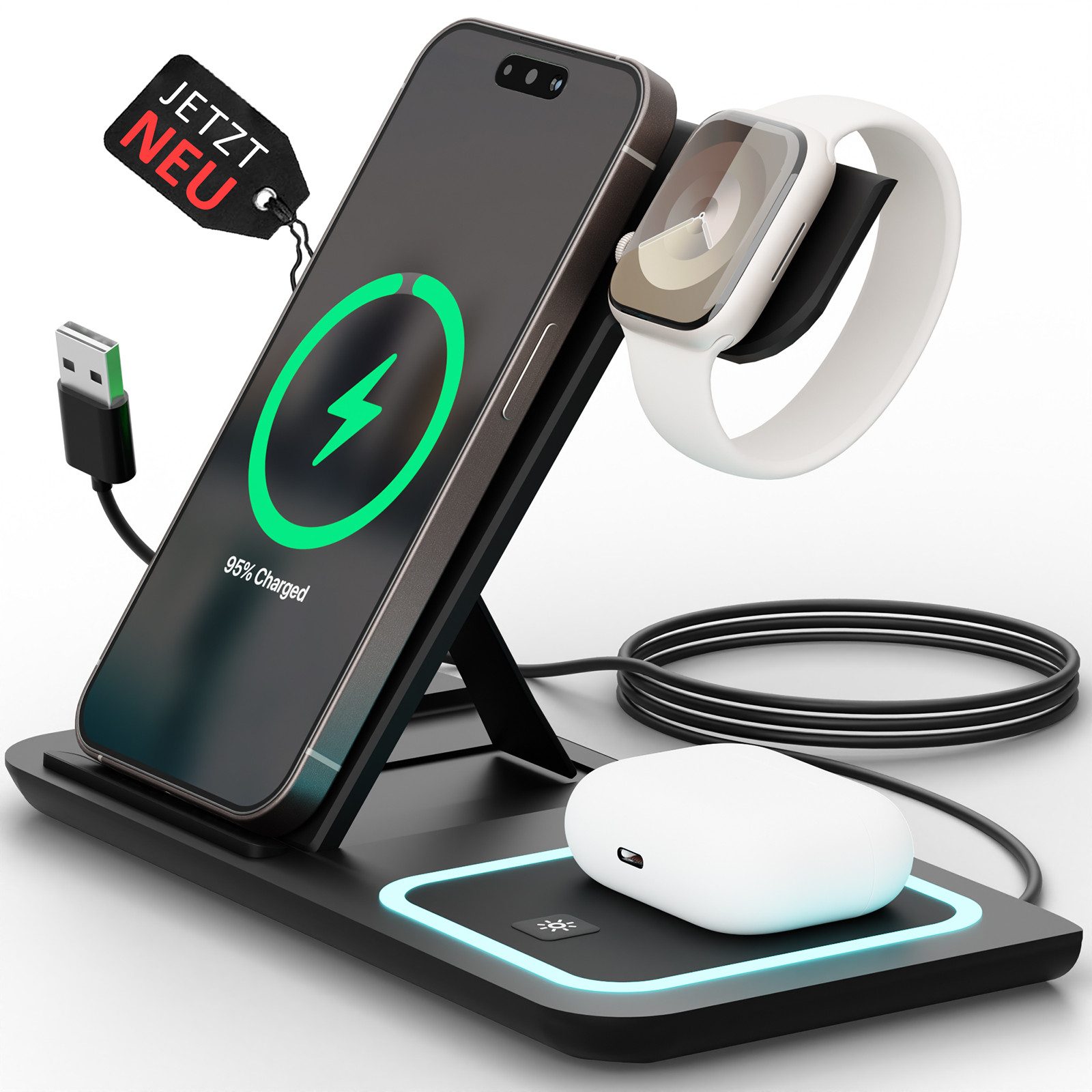 GreenHec Ladestation iPhone 3in1 Charger Kabelloses Ladegerät Induktiv Wireless Wireless Charger (3 mA, Spar-Set, Wireless Charging Pad, iPhone 17 16 15 14 13 12 11 Pro Max Air Plus Stand 15w Kontaktlos)