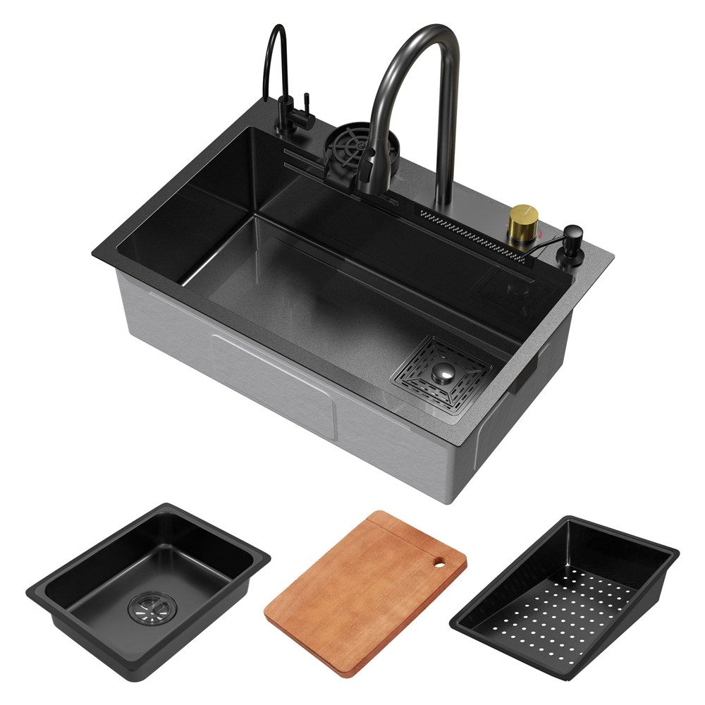 ML-DESIGN Küchenspüle Spülbecken aus Edelstahl Einbauspüle mit Wasserhahn & anderem Zubehör, 68/46 cm, Küchenspüle Multifunktionale Anthrazit rechteckig Waschbecken