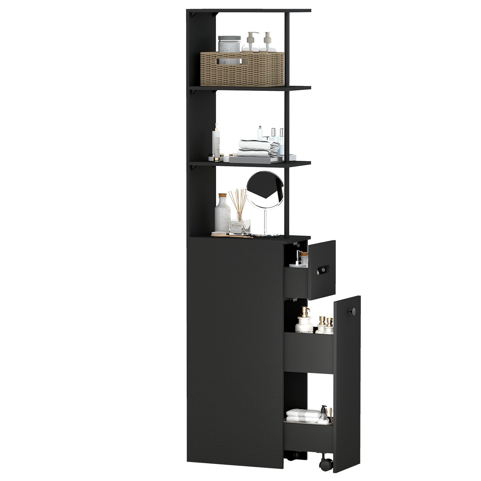 Puluomis Badkommode Badezimmschrank mit Schubladen, Hochschrank schmal (weiß/schwarz)