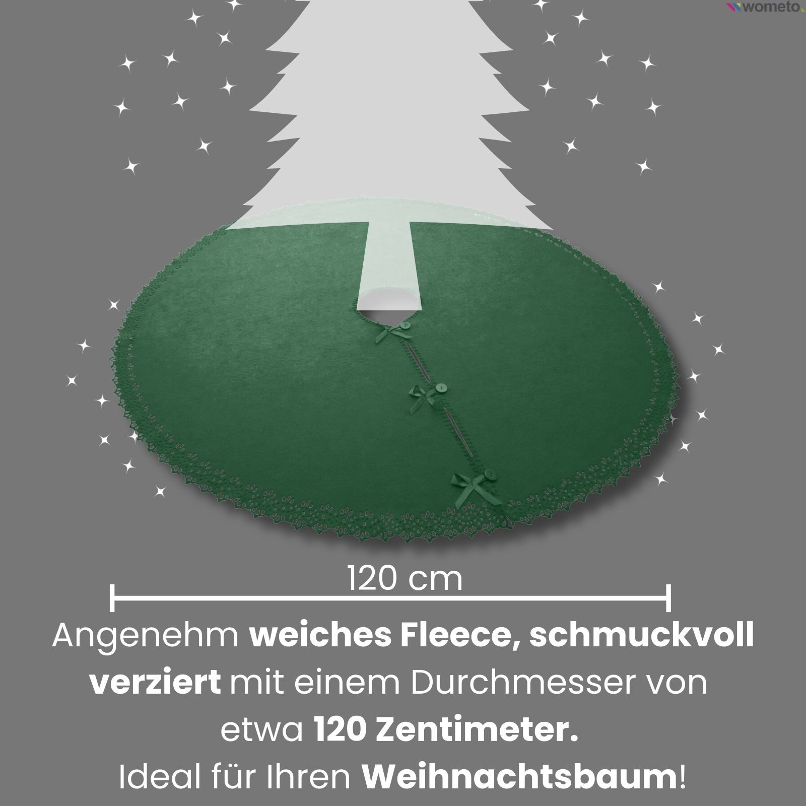 wometo Baumteppich Weihnachtsbaumdecke / Baumunterlage mit Knöpfen & Satin-Schleifen, Rund, OEKO-TEX®, Tannenbaum-Decke mit Knöpfen & Satin-Schleifen