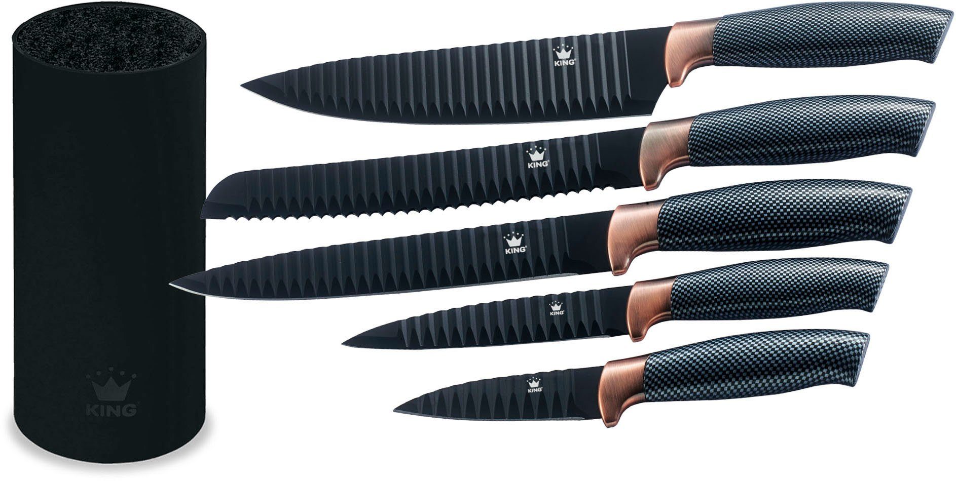 KING Messerblock FRESHIN CARBON DESIGN (12tlg), Edelstahl-Schüsseln, Kunststoffdecken, Messerklingen m. Riffelstruktur