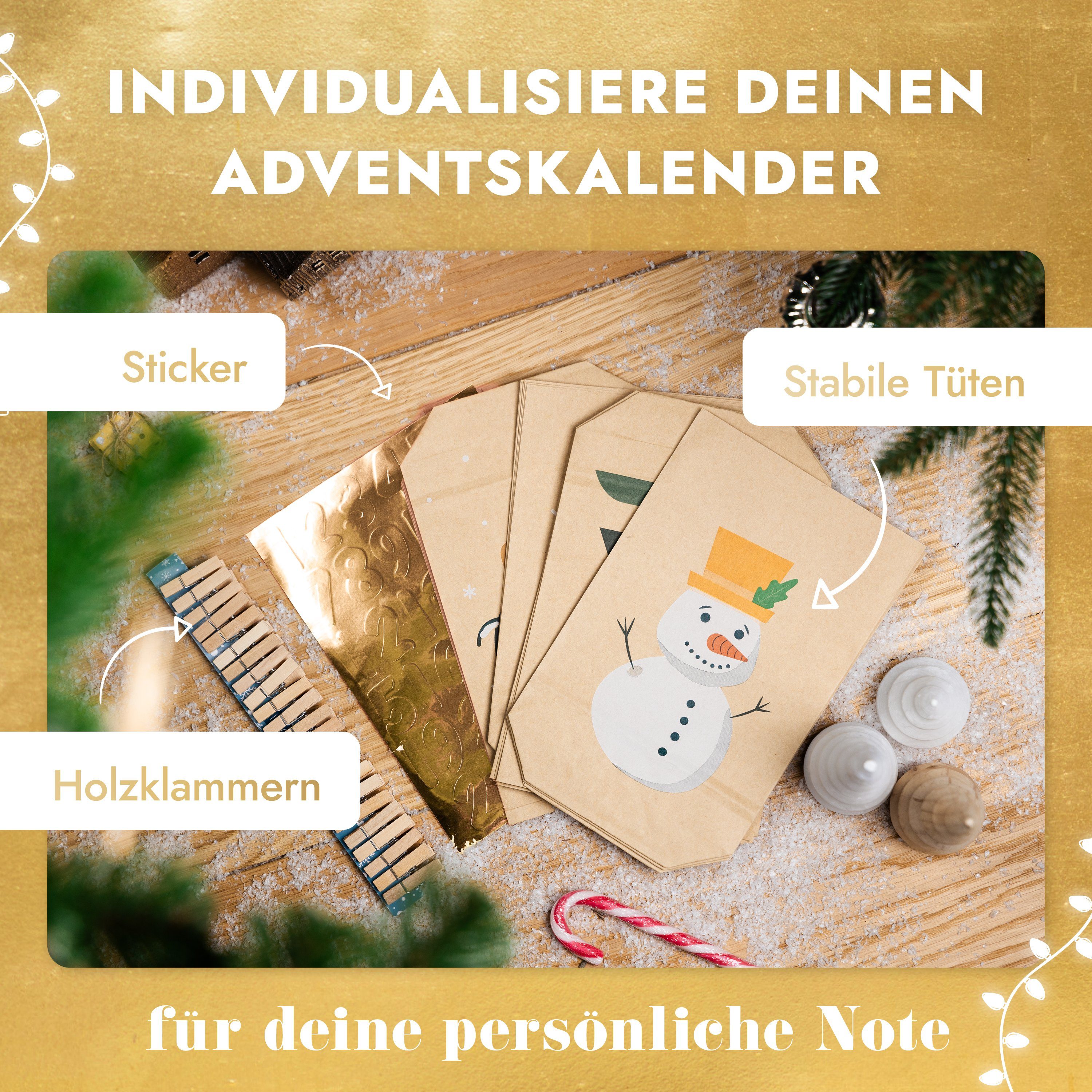 013 Tüten befüllbarer Adventskalender Befüllen zum mit AMARI® Snowman Holzklammern Amari Adventskalender