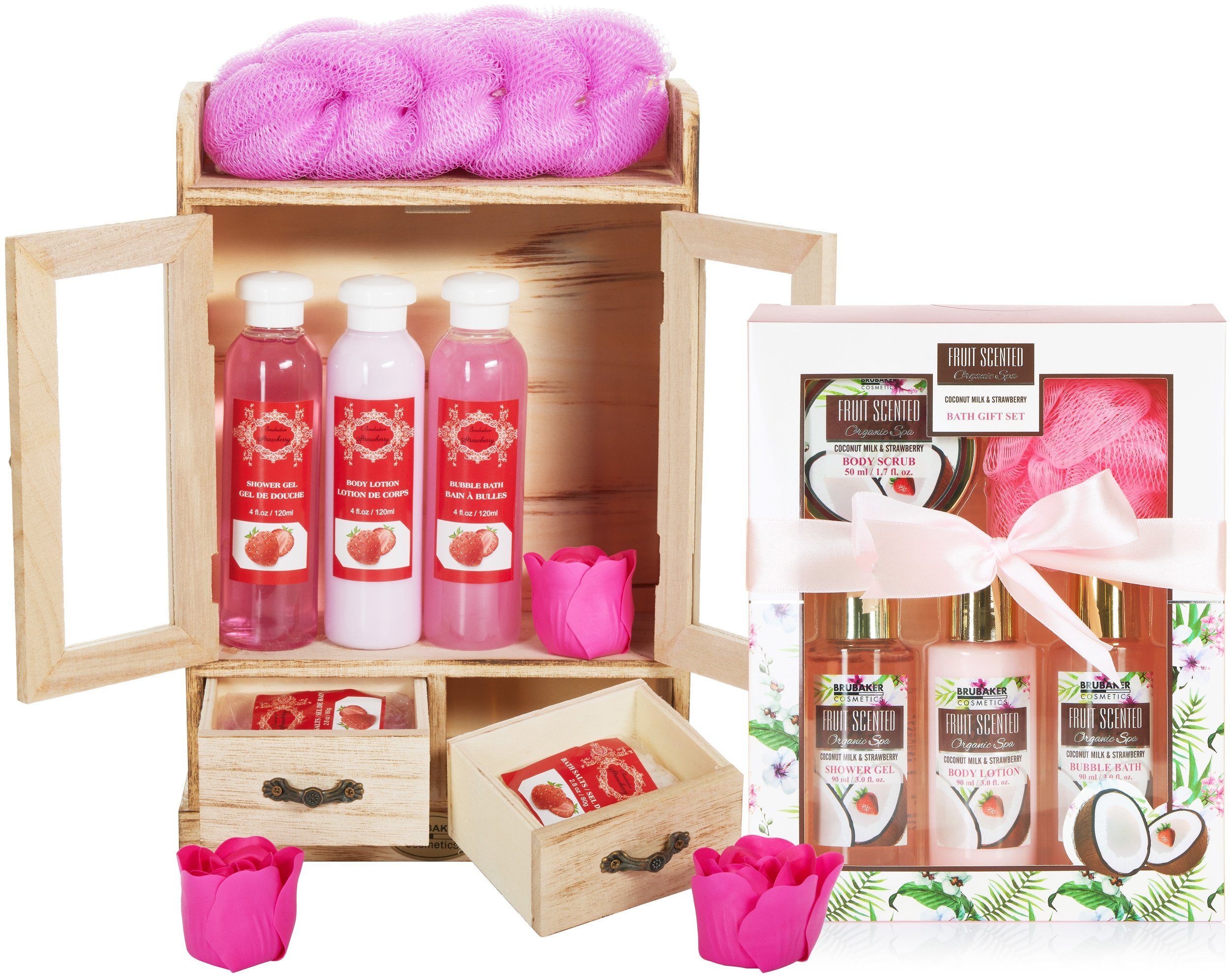 Wellness - BRUBAKER Frauen Pflege-Geschenkset Set, in Dusch- Pflegeset Damen Badeset 1 2 Erdbeere & Geschenkset mit Dekoration Kokosnuss und Beauty Erdbeere 15-tlg., -