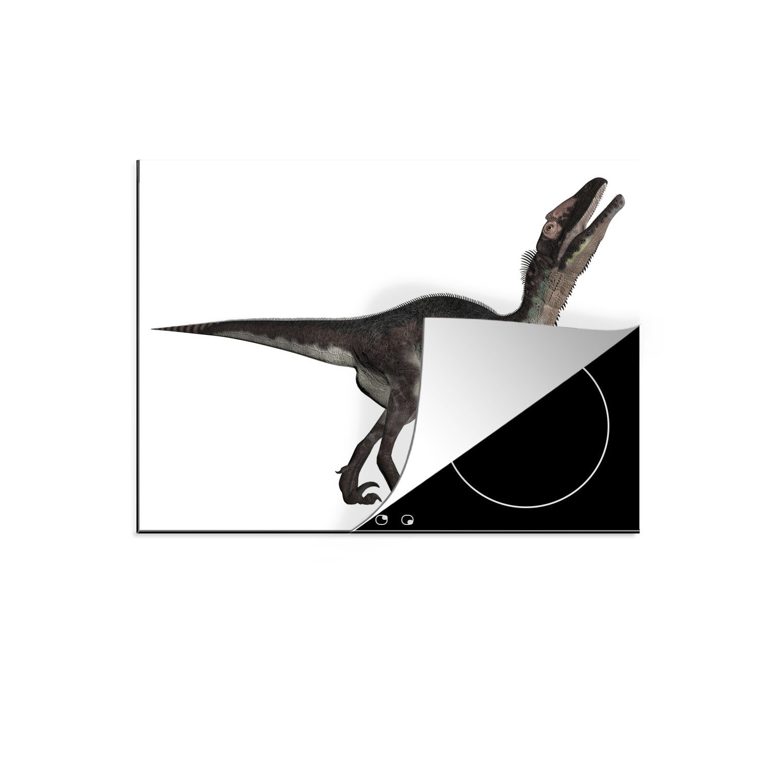 MuchoWow Herdblende-/Abdeckplatte Utahraptor schaut auf, Vinyl, (1 tlg), 70x52 cm, Mobile Arbeitsfläche nutzbar, Ceranfeldabdeckung | Herdabdeckplatten