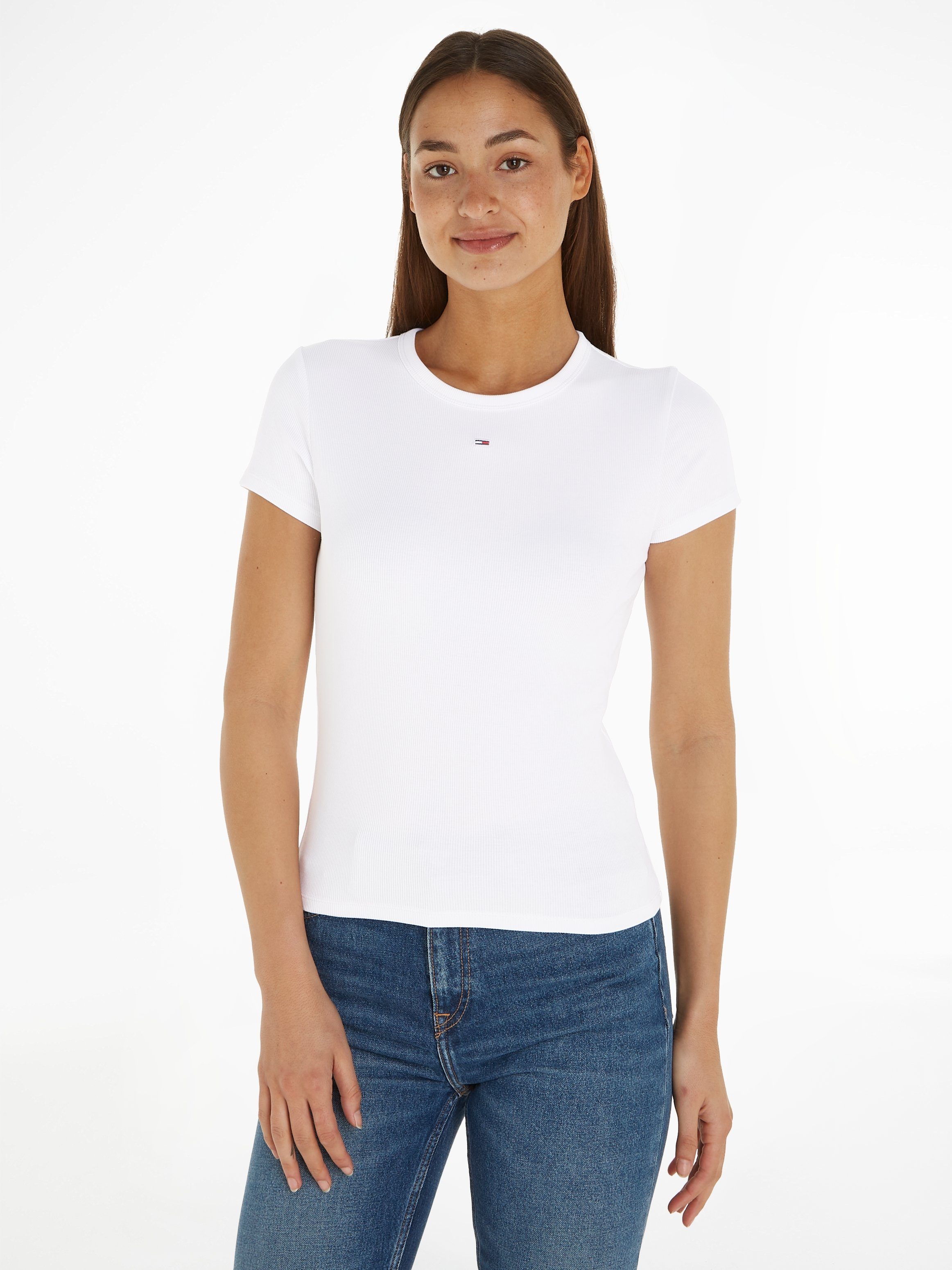 Tommy Jeans T-Shirt Slim Essential Rib Shirt, Rippshirt Rundhalsshirt mit Logostickerei