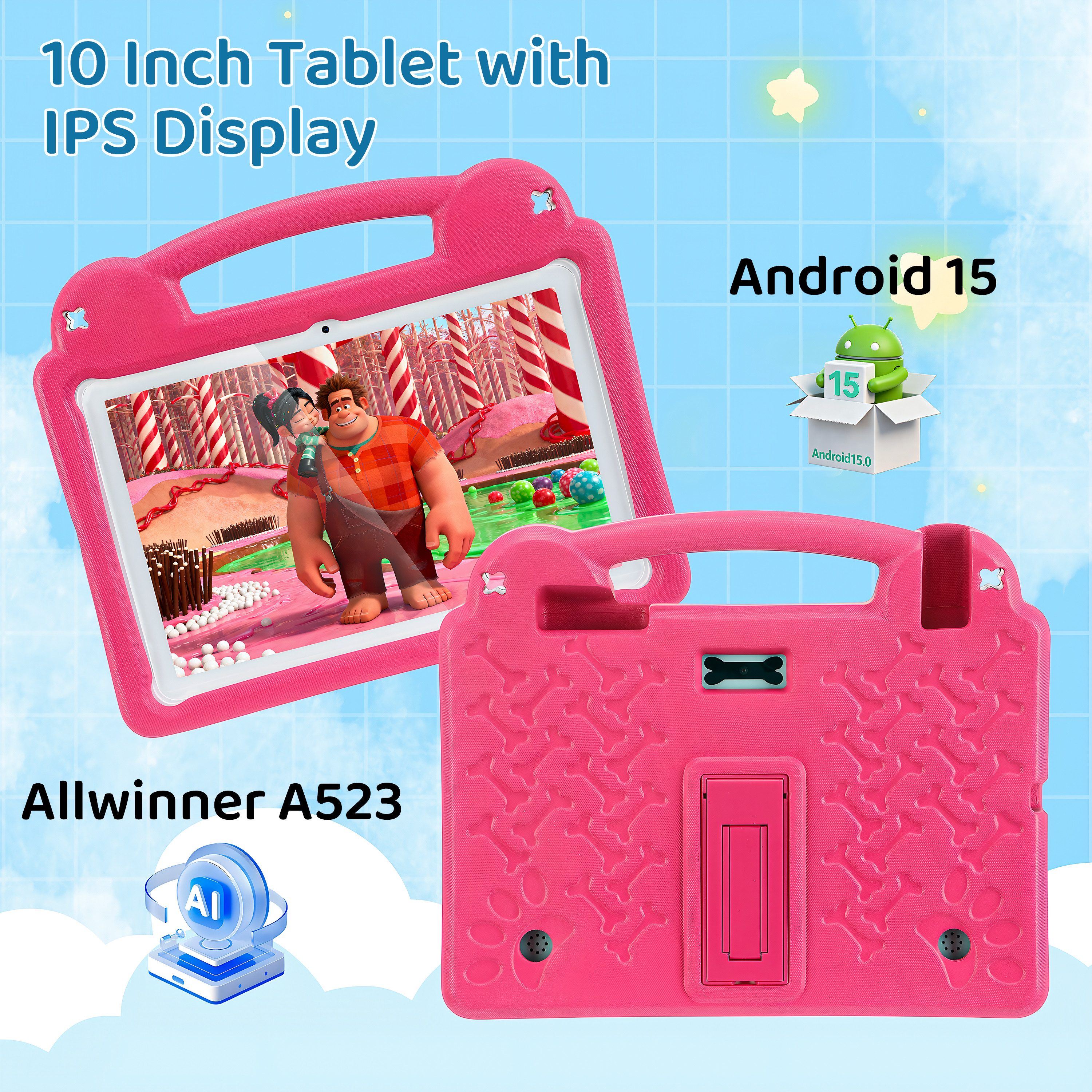 WILGOON 10.1'' Kids Android 15 mit Stylus Tablet A523 Octa Core bis 2.0 GHz HD Tablet (10.1", 64 GB, Android 15, 2.4G+5G WIFI6, 6000 mAh mit WiFi 6 Bluetooth 5.0 GMS mit Tasche+Sticker für Kinder)