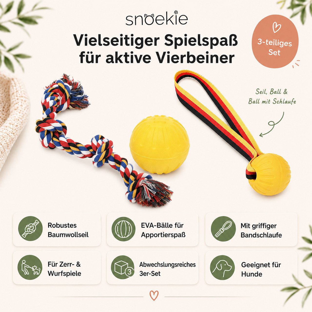 SNOEKIE Kauball SNOEKIE Hundespielzeug Set 3-teilig Baumwollseil 60cm EVA-Ball Ø 9 cm, (3-tlg)