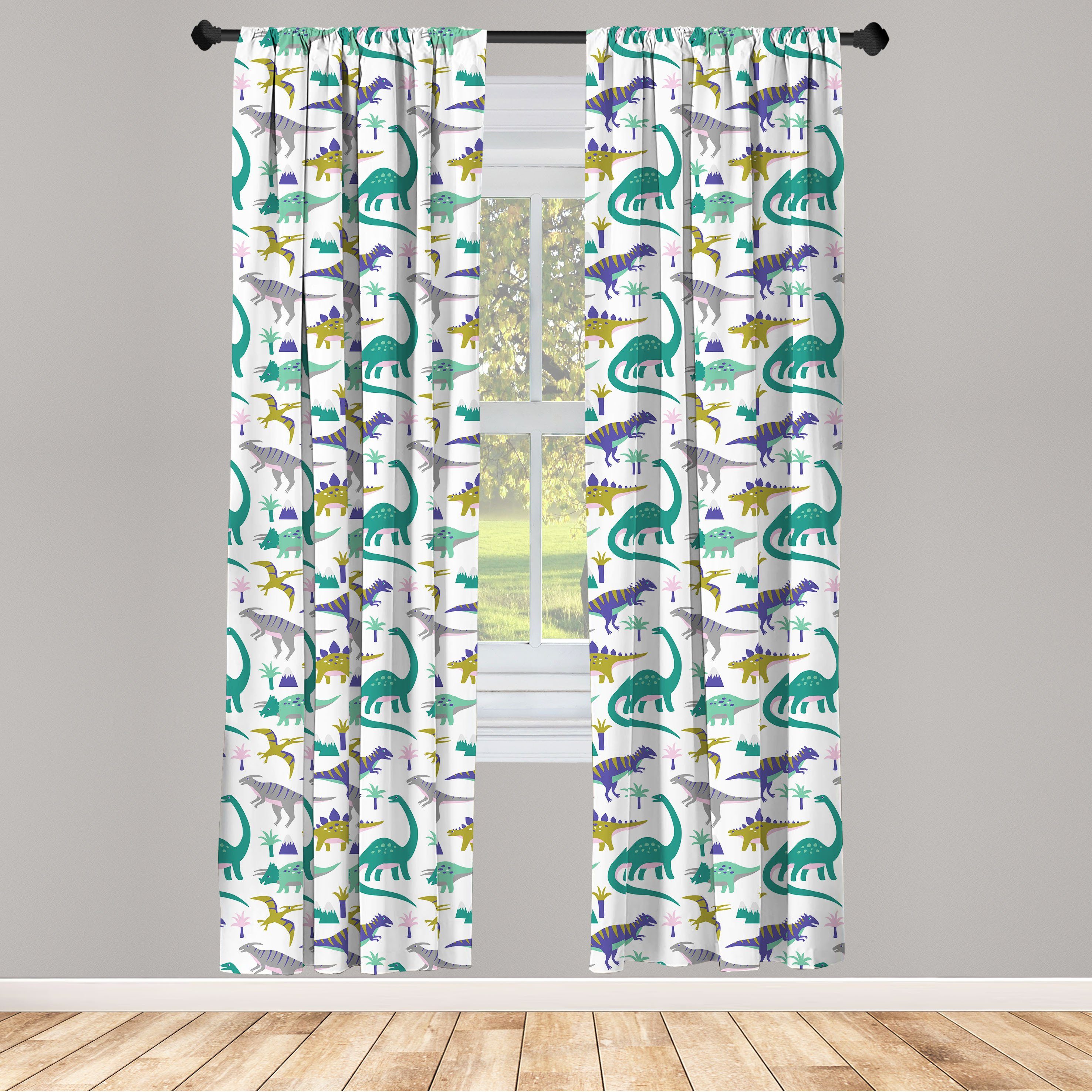 Gardine Vorhang für Wohnzimmer Schlafzimmer Dekor, Abakuhaus, Microfaser, Kindergarten Dinosaurier Berge Bäume
