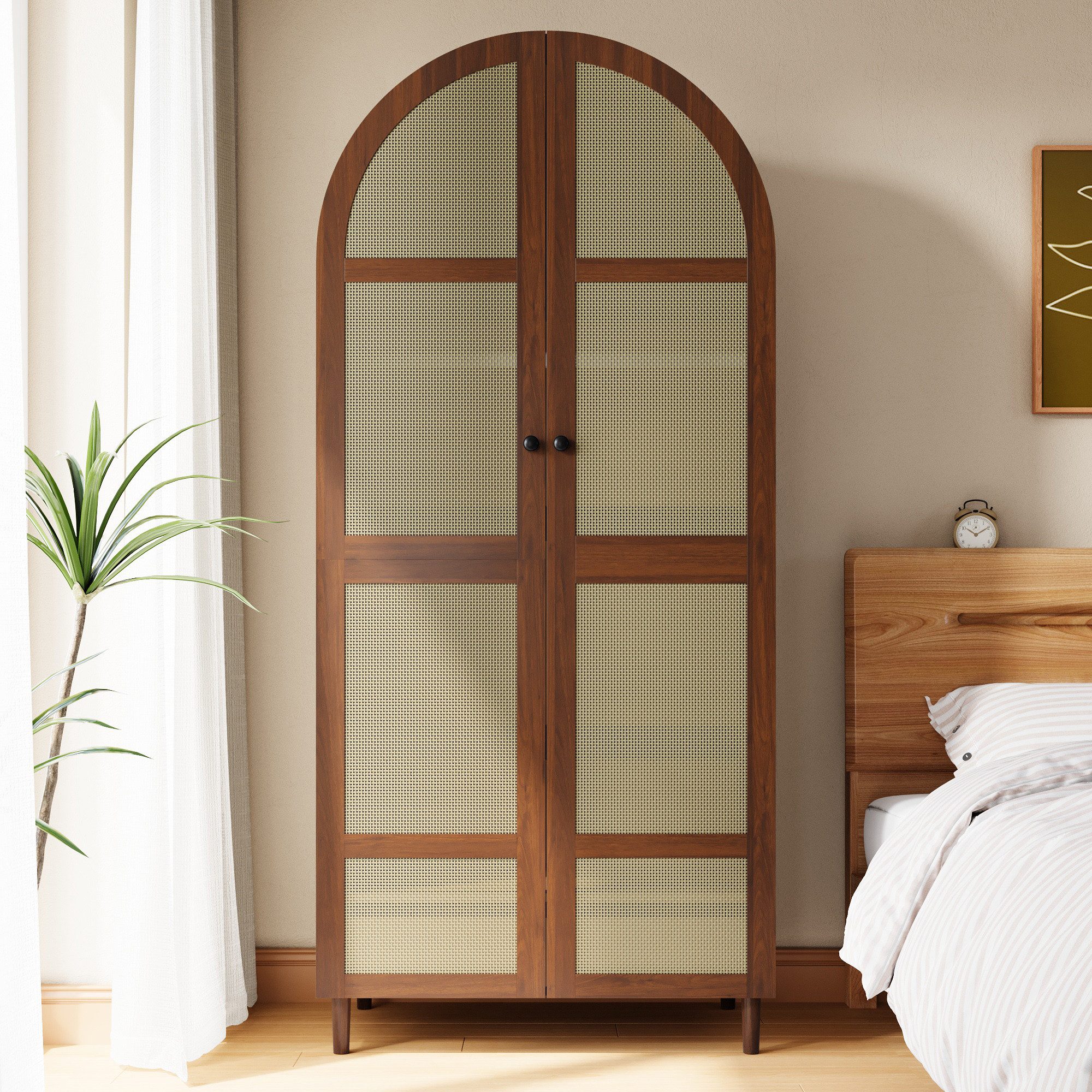 Merax Kleiderschrank mit gebogenen Türen, Rattan-Frontdesign und großem Stauraum (80 L x 50 B x 179 H cm, 1-St) Garderobenschrank Schrank mit Kleiderstange, Abl – Bild 3 von 5