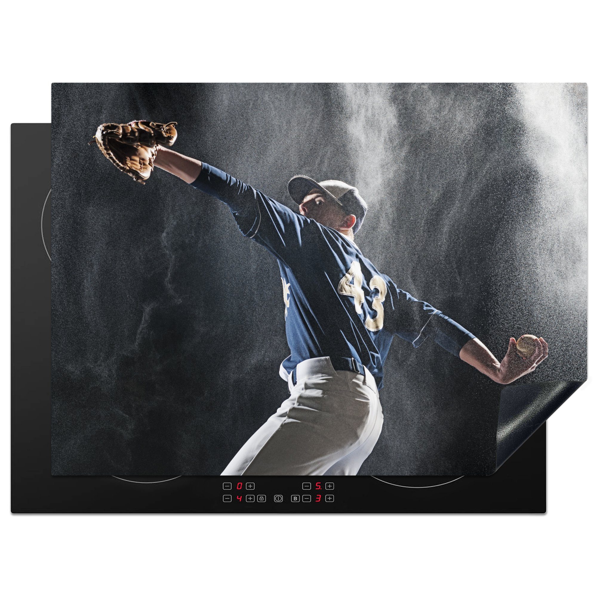 MuchoWow Herdblende-/Abdeckplatte Sportlicher Baseballspieler beim Werfen im Regen, Vinyl, (1 tlg), 71x52 cm, Induktionskochfeld Schutz für die küche, Ceranfeldabdeckung