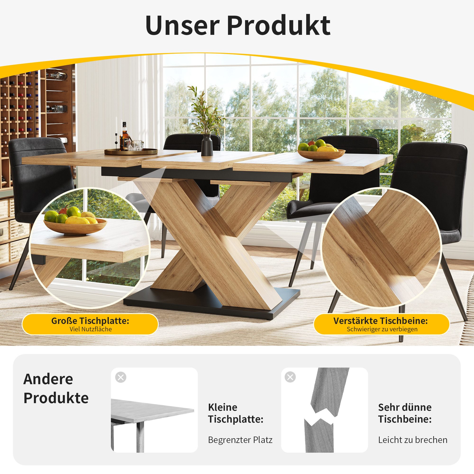 Celya Esstisch Teleskoptisch,Tisch,Küchentisch,Ausziehtisch auf 119-158.5*80*75cm, für Küche und Wohnzimmer, Holzfarbe Esstisch