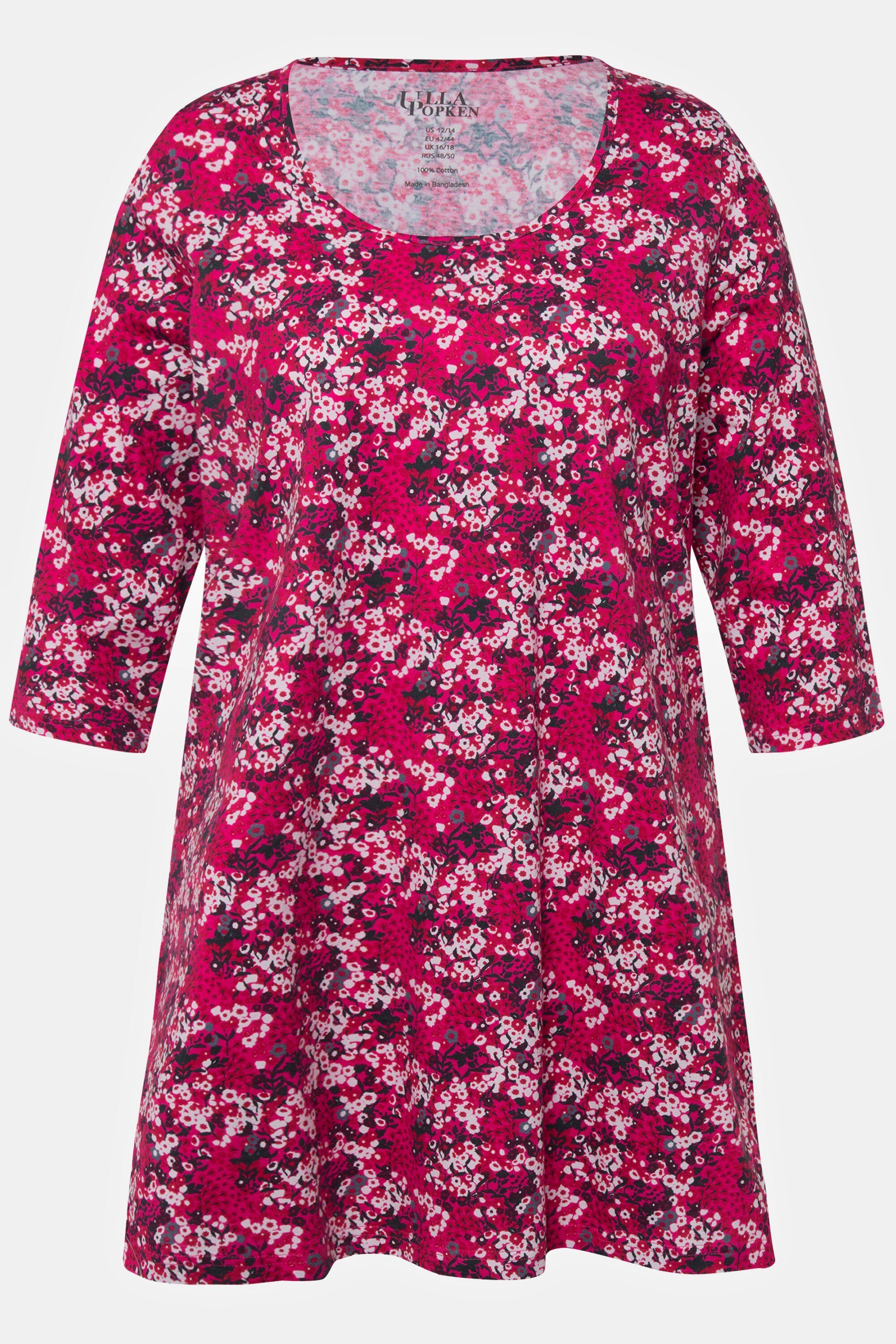 fuchsia 3/4-Arm Longshirt Ulla Popken Rundhals Blüten pink Longshirt A-Linie