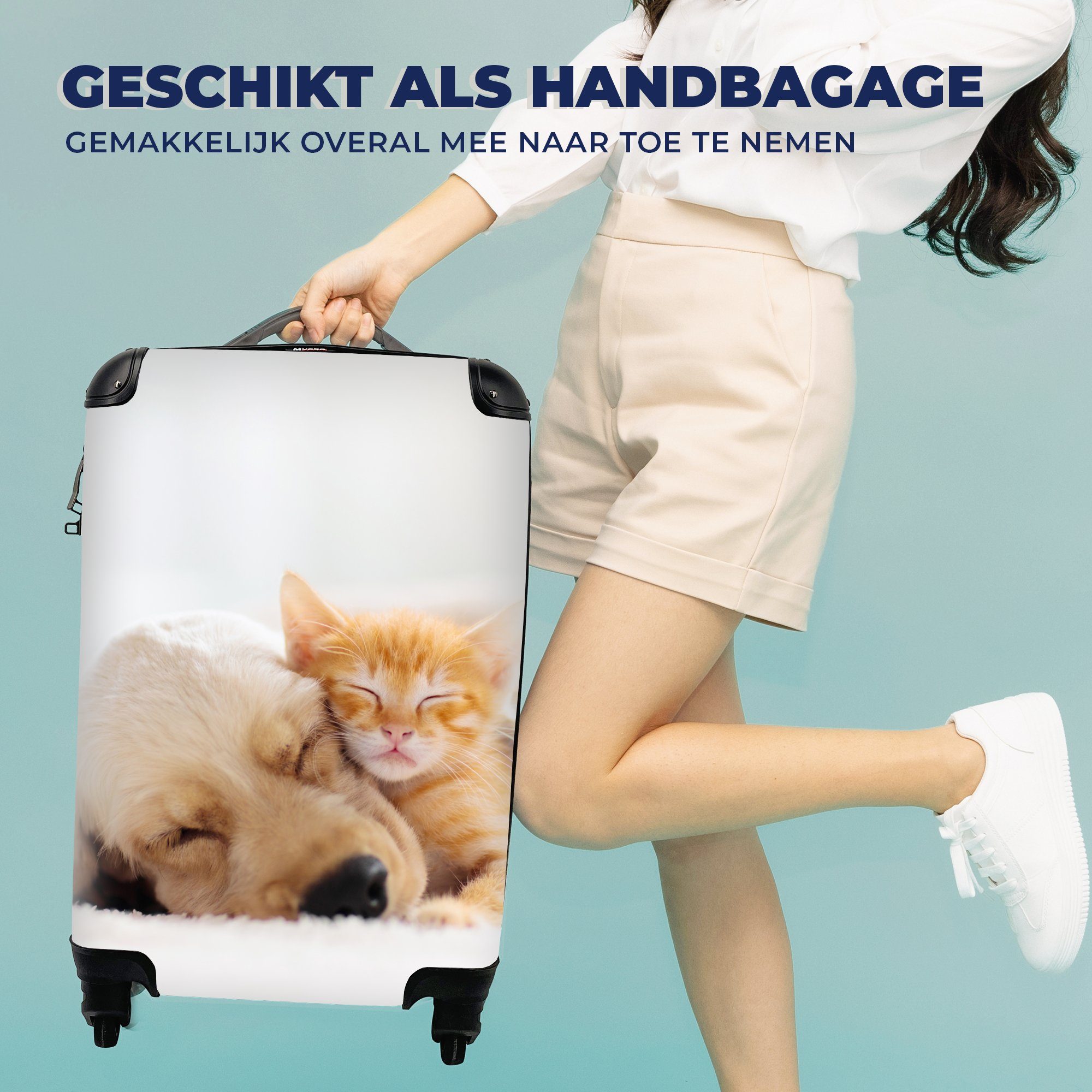 MuchoWow Handgepäckkoffer Tiere - Hund mit - Kätzchen 4 Reisetasche rollen, Reisekoffer Rollen, - für Rot, Trolley, Ferien, Handgepäck
