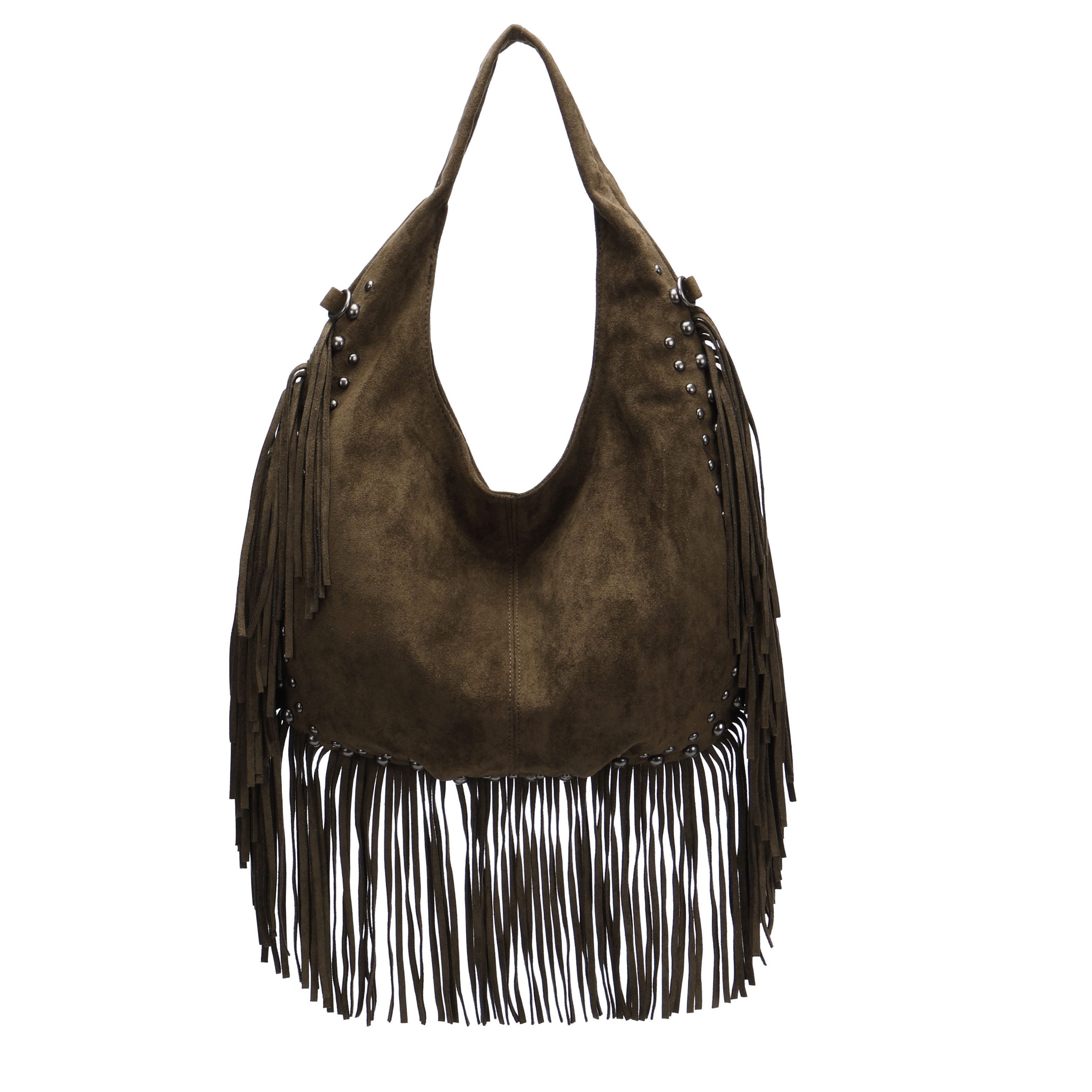 MIRROSI Shopper Damen Fransen Schultertasche Wildleder-Optik aus Polyester (Neue Kollektion Herbst/Winter 2026, ca. 41 x 5 x 37 cm), Boho Tasche mit Fransen, Nieten & langem Riemen