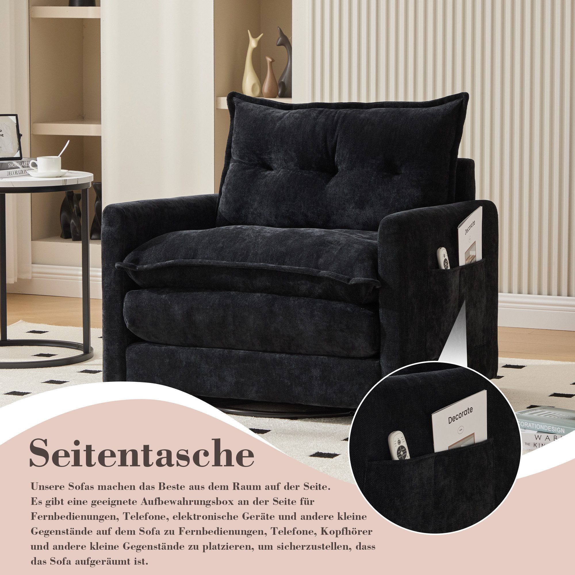 Totnz Sessel 360° drehbarer mit Memory-Schaum, ergonomische Rückenlehne (moderner Drehstuhl mit Holzrahmen & Metallbasis, atmungsaktiver Stoff), für Büro & Wohnzimmer