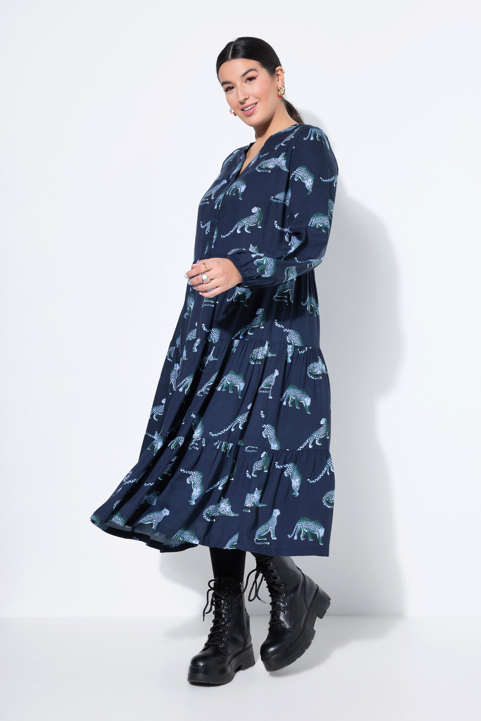 Studio Untold Maxikleid Maxikleid Leoparden V-Ausschnitt Volants