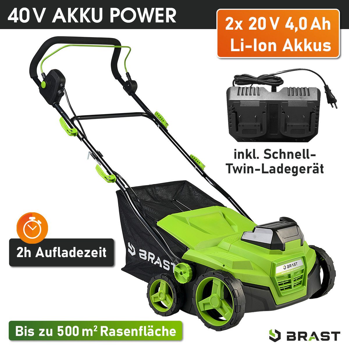 BRAST Akku-Vertikutierer / Lüfter 40V inkl. 2x 4,0Ah-Akkus, 2in1 Funktion, 38 cm Arbeitsbreite, (5-stufig einstellbare Arbeitstiefe), für Flächen bis 500 m²