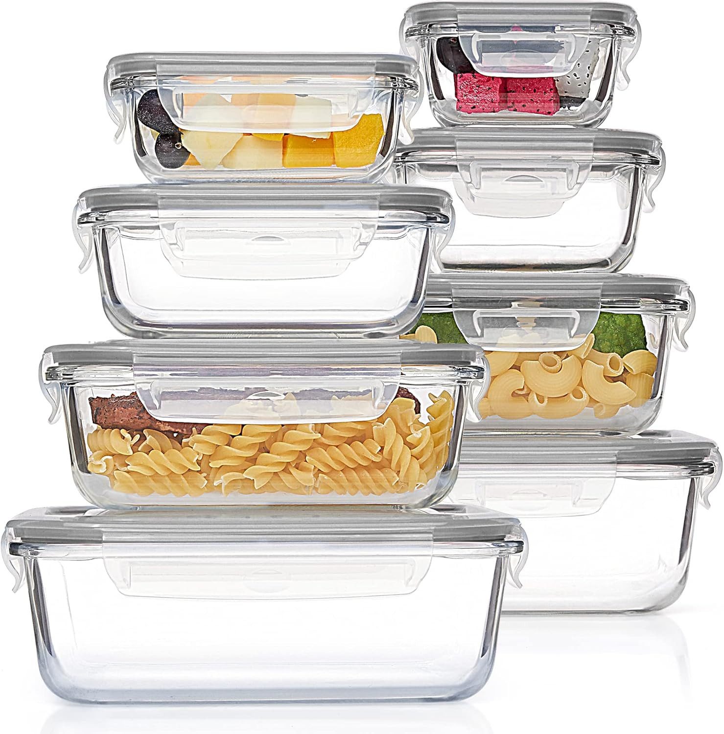 Refined Living Frischhaltedose 8er Glas Frischhaltedosen mit Deckel,Meal Prep Boxen,Lunchbox,BPA-frei, Borosilikatglas + BPA-freie Kunststoffdeckel mit Silikonring, (8 Größen im Set, Grau, Glasbehälter mit Deckel, Vorratsdosen Glas, Lunchbox Glas, Glas Aufbewahrungsdosen, Mikrowellengeeignete Glasbehälter, Meal Prep Boxen für Lebensmittel, für Büro, Schule, Picknick & Reste, Hochwertiges Borosilikatglas, luftdicht, 8-tlg., auslaufsicher,stapelbar,Mikrowellengeeignet,Ofen- & Gefrierschrankfest), für Meal Prep,Lunch to go, Resteverwertung, Babynahrung,Suppen & mehr.