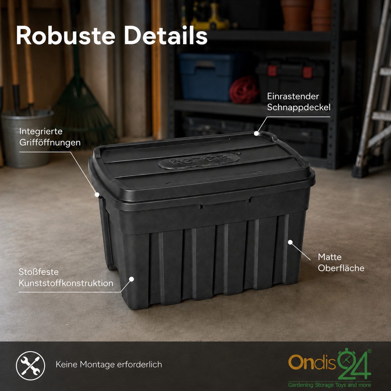 ONDIS24 Aufbewahrungsbox Tuffbox Lagerbox mit Deckel 140L schwarz, 77 x 52 x 47 cm, stapelbar, aus 100% recyceltem Material