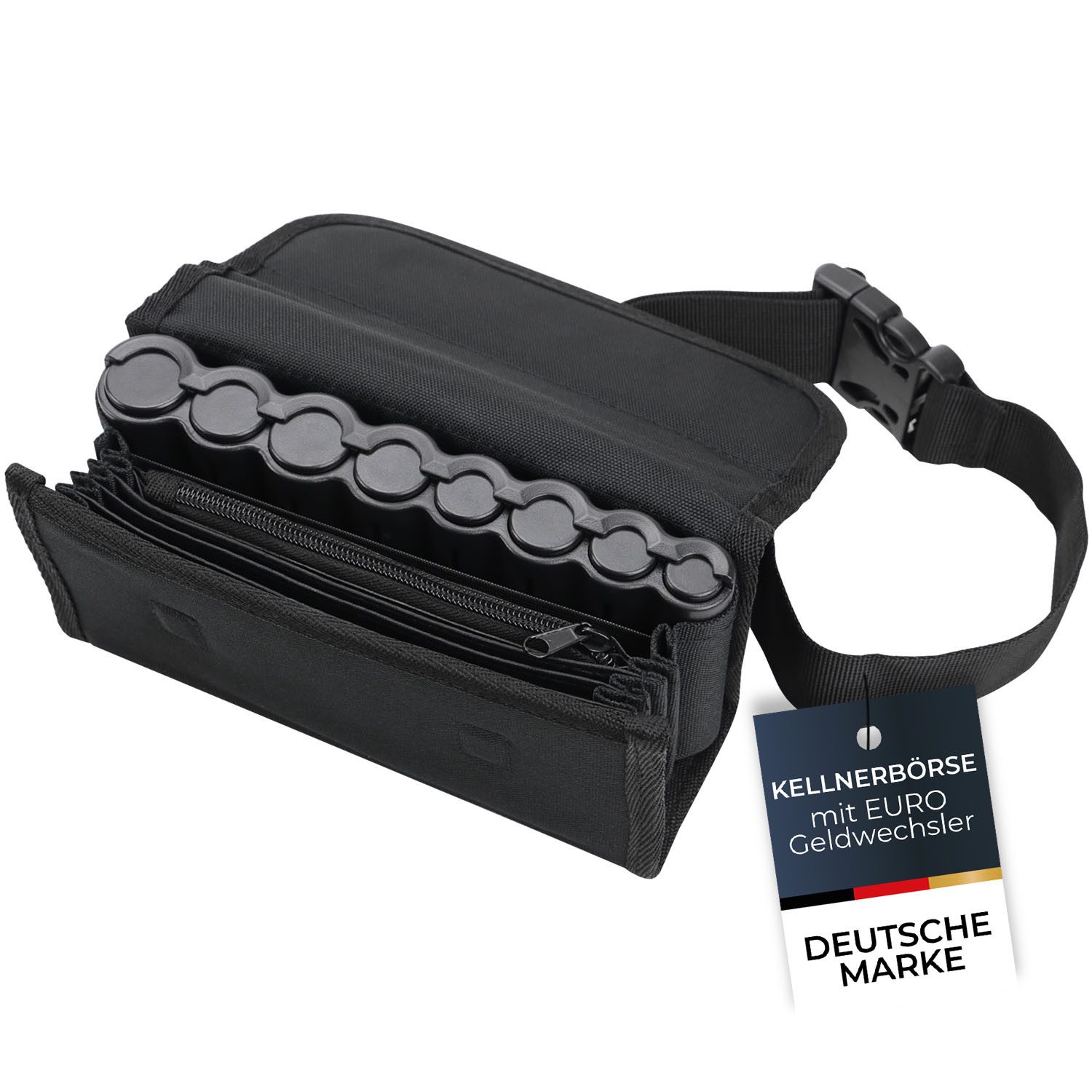 HMF Kellnerbörse Kellner Geldbörse mit verstellbarem Gürtel, Kellnertasche mit (inkl. Hüftgurt mit Clipverschluss), Euro-Geldwechsler und Reißverschlussfach, 20,5 x 10 x 6,5 cm, Schwarz