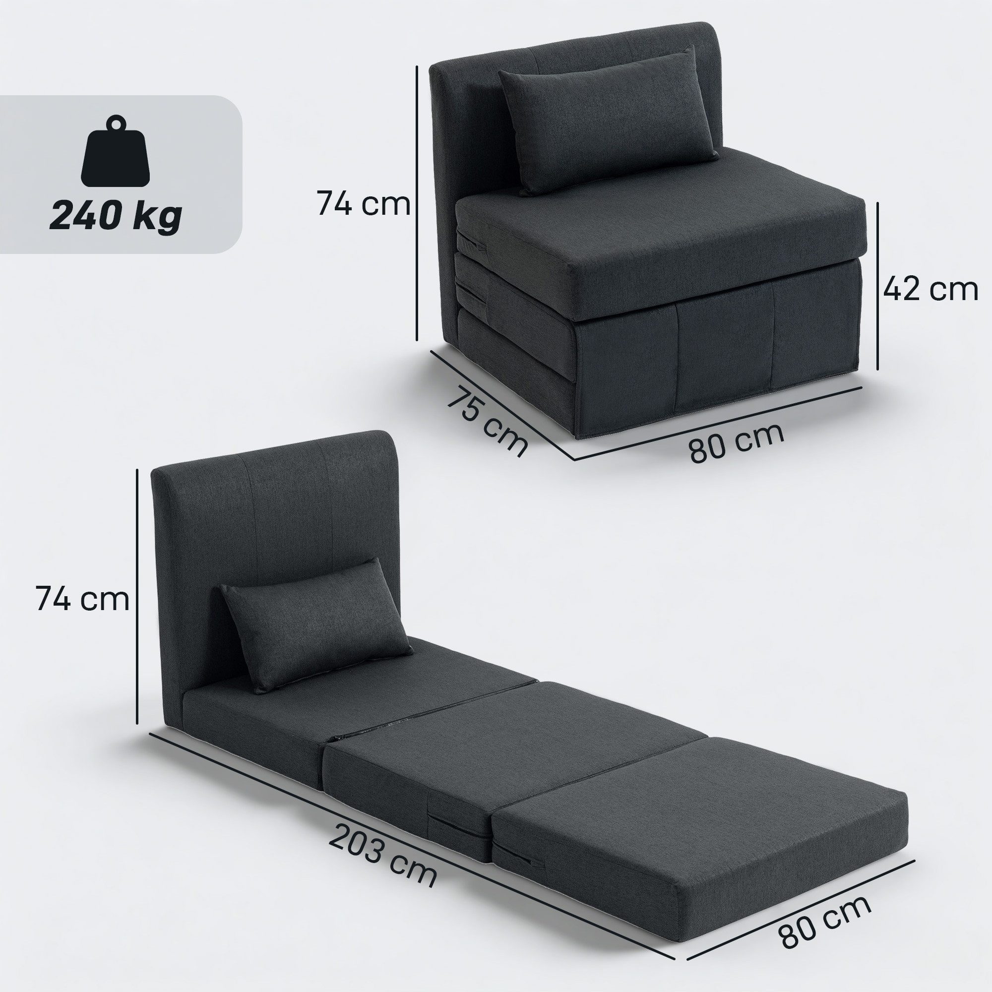 HOMCOM Bodenkissen Schlafsessel Klappbares Gästebett, Klappbar und multifunktional als Sofa & Bett verwendbar – Bild 3 von 5